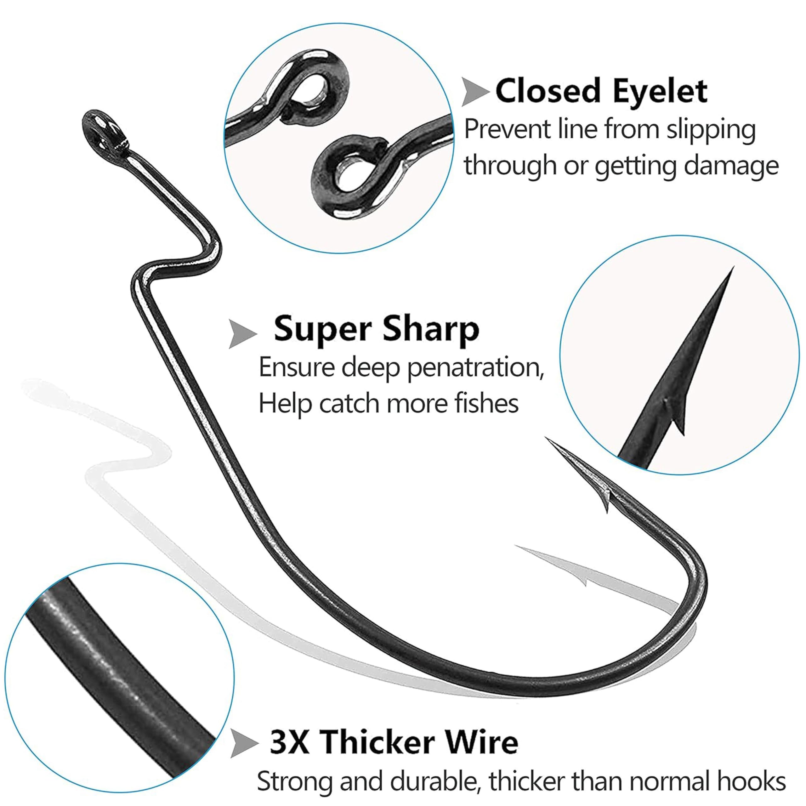 3X Strong EWG Worm Hooks for Bass & Trout Fishing - Texas Rig Offset Fishing Hooks for Soft Plastic Baits (Sizes 1-5/0) - Perfect for Freshwater Angling and Jig Fishing
