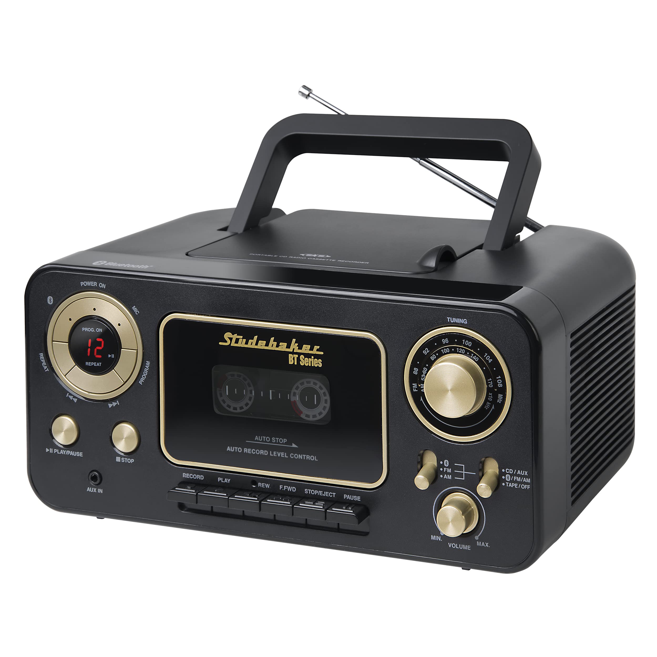 Studebaker Retro Bluetooth Portable Stereo System with CD Player, AM/FM Radio & Cassette Recorder - Vintage Black & Gold Design for Home, Office and Outdoor Use