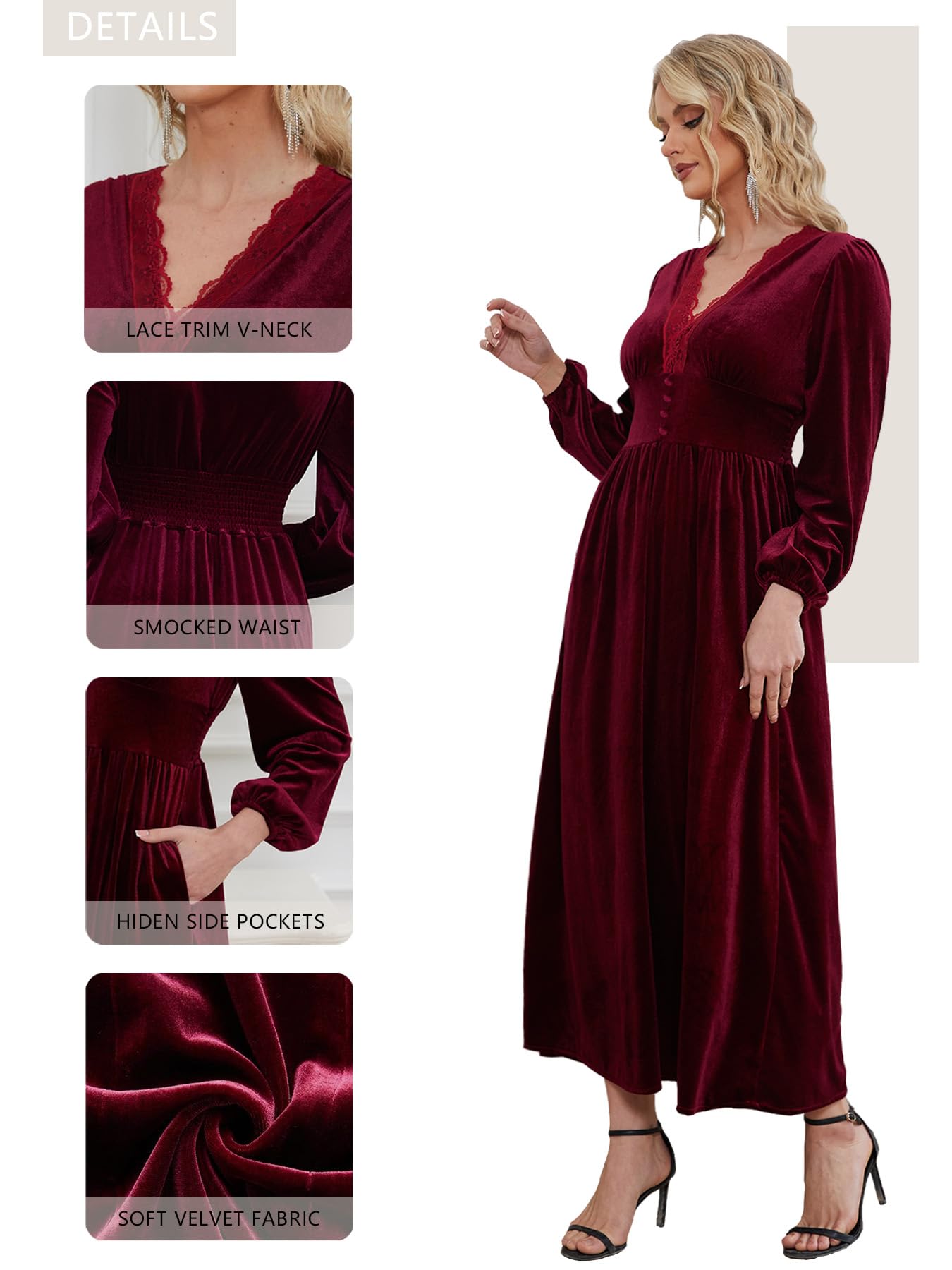 Elegant Women's Velvet Maxi Dress with V-Neck & Lace Trim - Smocked Waist Formal Wedding Guest Dress with Pockets | Perfect for Evening Parties, Bridal Showers & Special Occasions