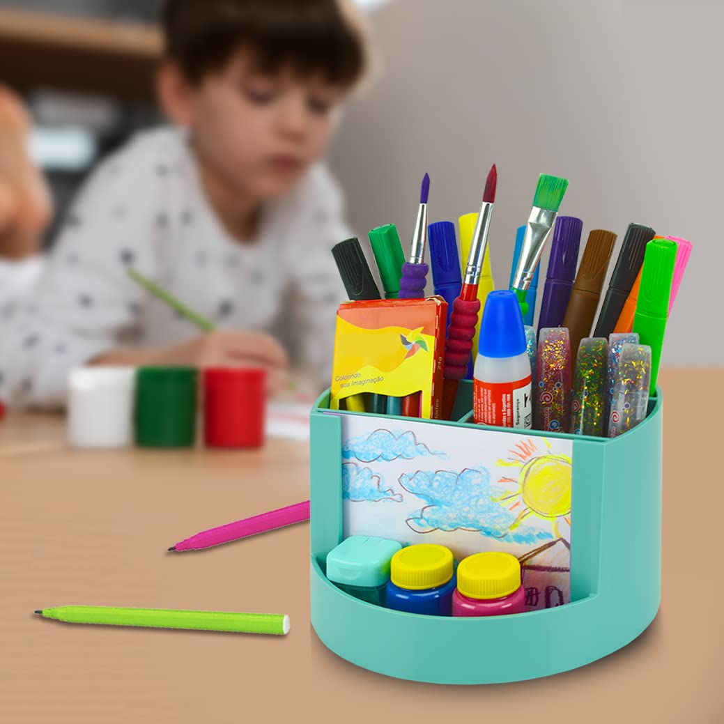 Acrimet Compact Desktop Organizer - 4 Spacious Slots Round Pencil & Accessories Holder with Photo Frame | Perfect for Office Desk, Art Supplies Storage, Vanity Organizer & Home Organization | Durable Solid Green Plastic | Great for Work, Study & Crafting Spaces