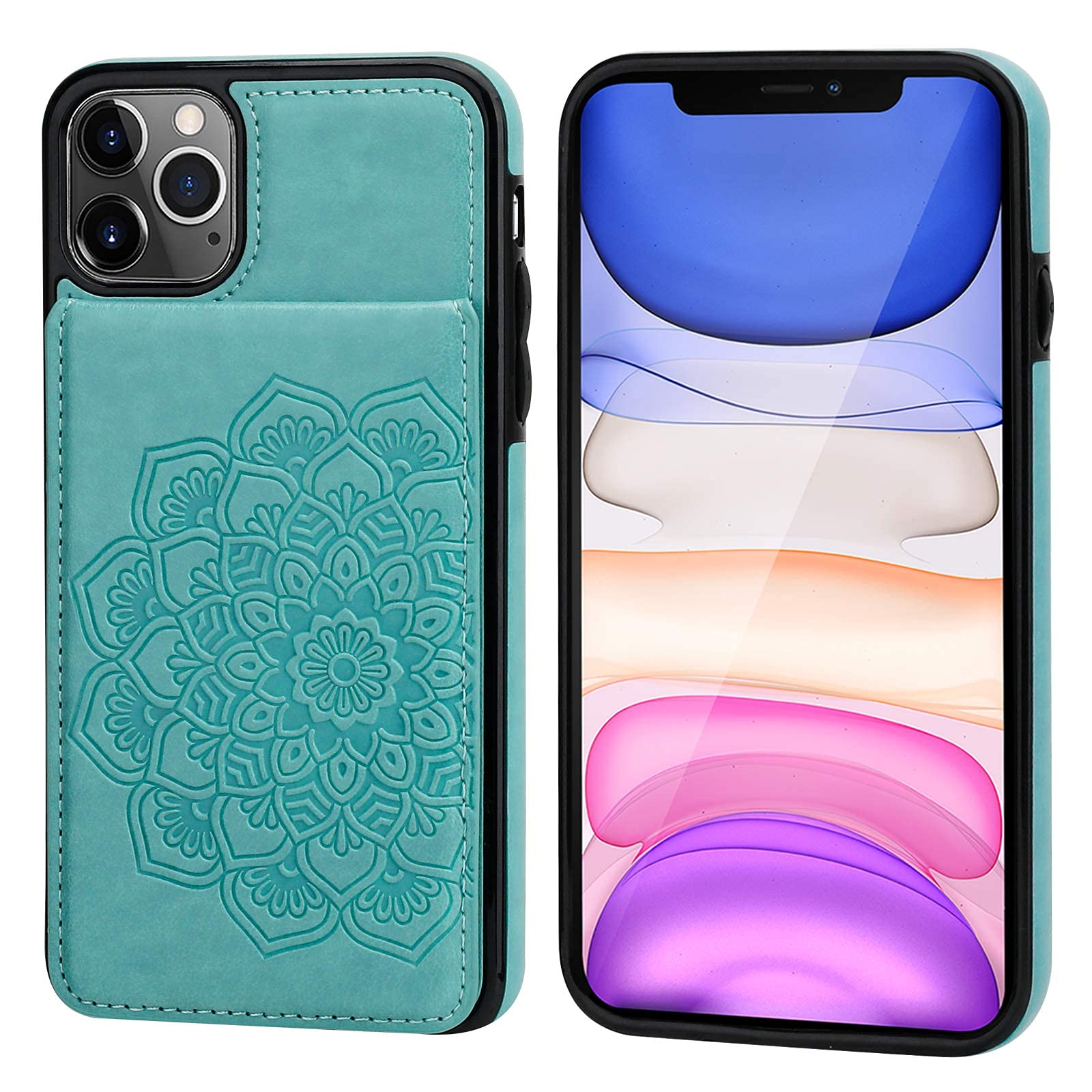 Shockproof PU Leather iPhone 11 Pro Max Case with Wallet & Card Holder - 5 Card Slots, Kickstand, Embossed Mandala Flower Design, Protective Flip Cover for iPhone 11 Pro Max 6.5 Inch (Green) | Perfect for Daily Commute, Travel & Hands-Free Viewing