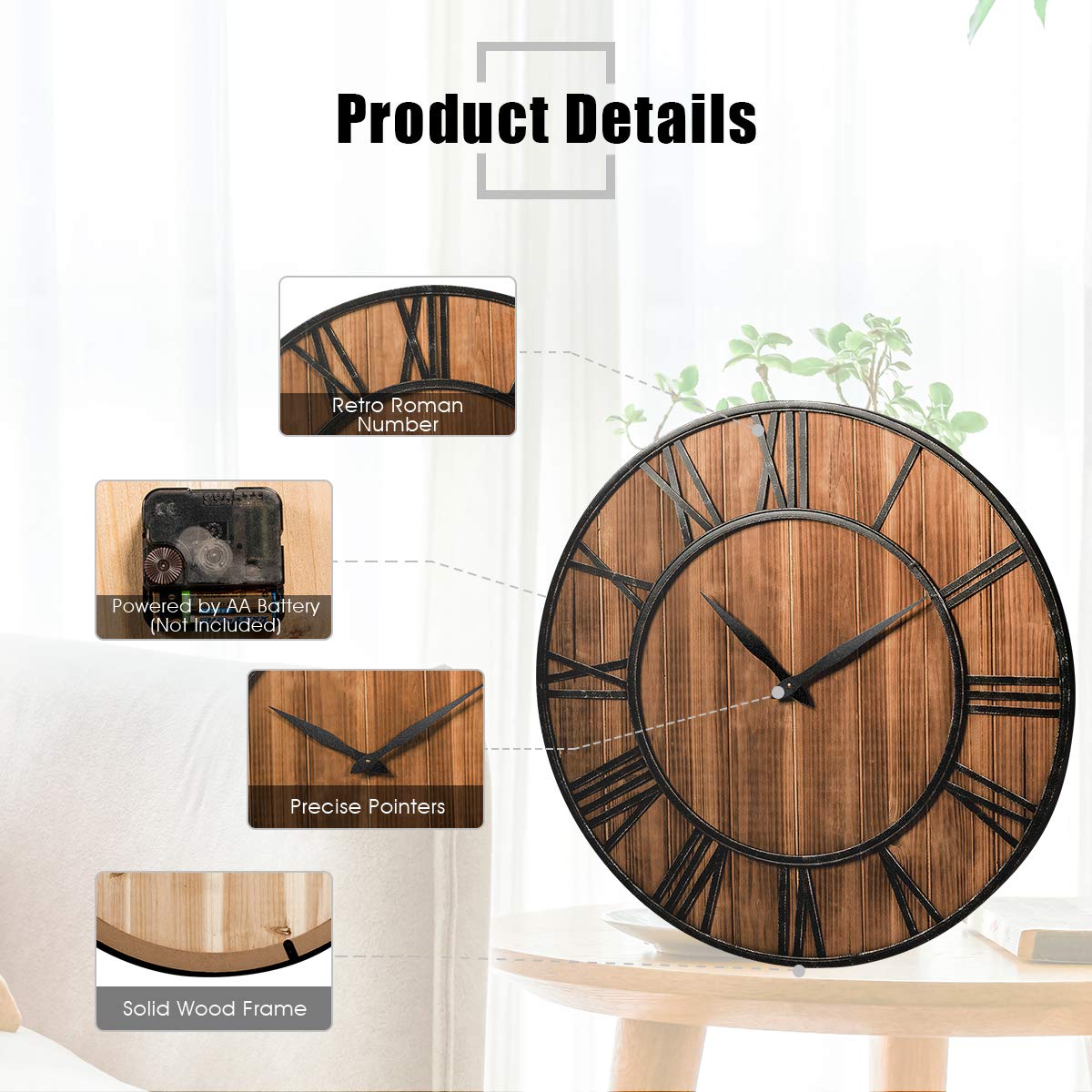 Tangkula 27.5 Inch Round Wall Clock - Farmhouse Large Wall Clock with Roman Numerals, Decorative Wooden Clock for Home & Office - Rustic Bronze Brown Wall Clock with AA Battery Included - Perfect for Living Room, Bedroom, Kitchen Decor