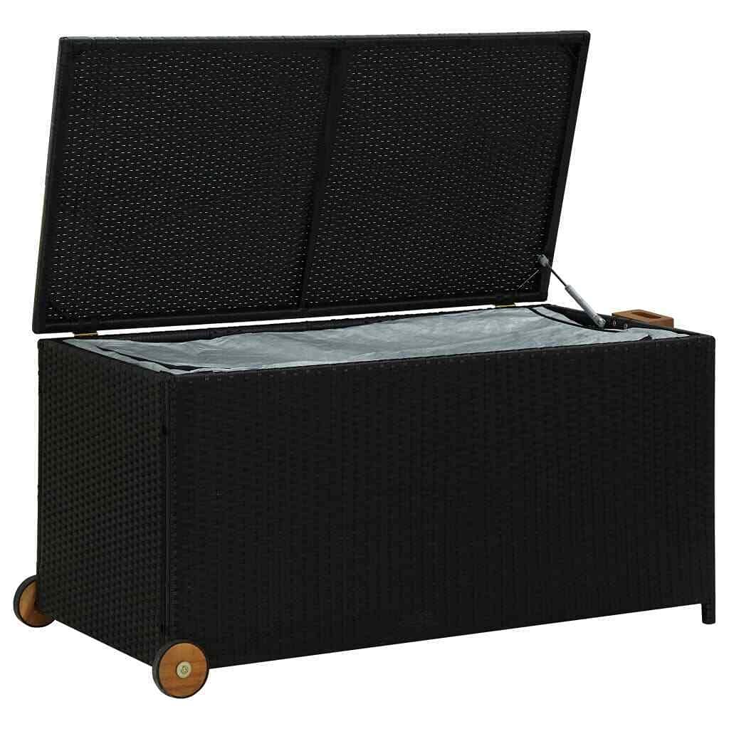 Black Poly Rattan Garden Storage Box - Waterproof Outdoor Patio Deck Organizer for Cushions, Toys & Gardening Tools | Perfect for Backyard, Balcony & Poolside Storage