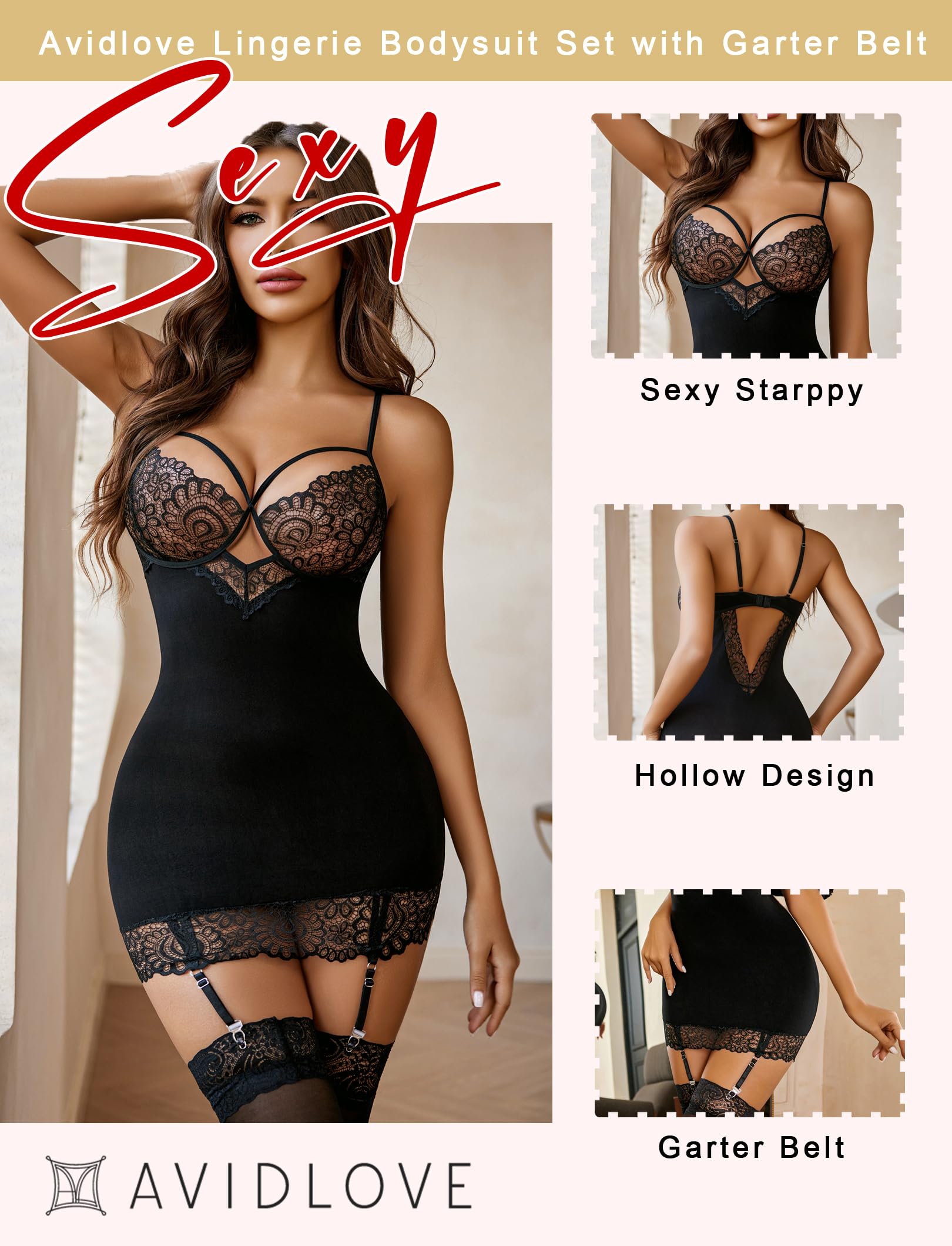 **Avidlove Women's Lace Teddy Bodysuit with Garter Belt - Sexy Babydoll Lingerie Set for Valentine's Day & Romantic Nights**