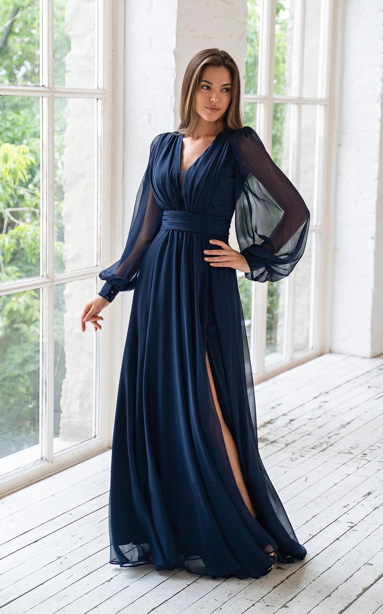 SOLODISH Women's Long Sleeve Chiffon Bridesmaid Dress - Elegant Formal Evening Gown with Thigh High Slit for Wedding, Prom, Cocktail Party & Special Occasions