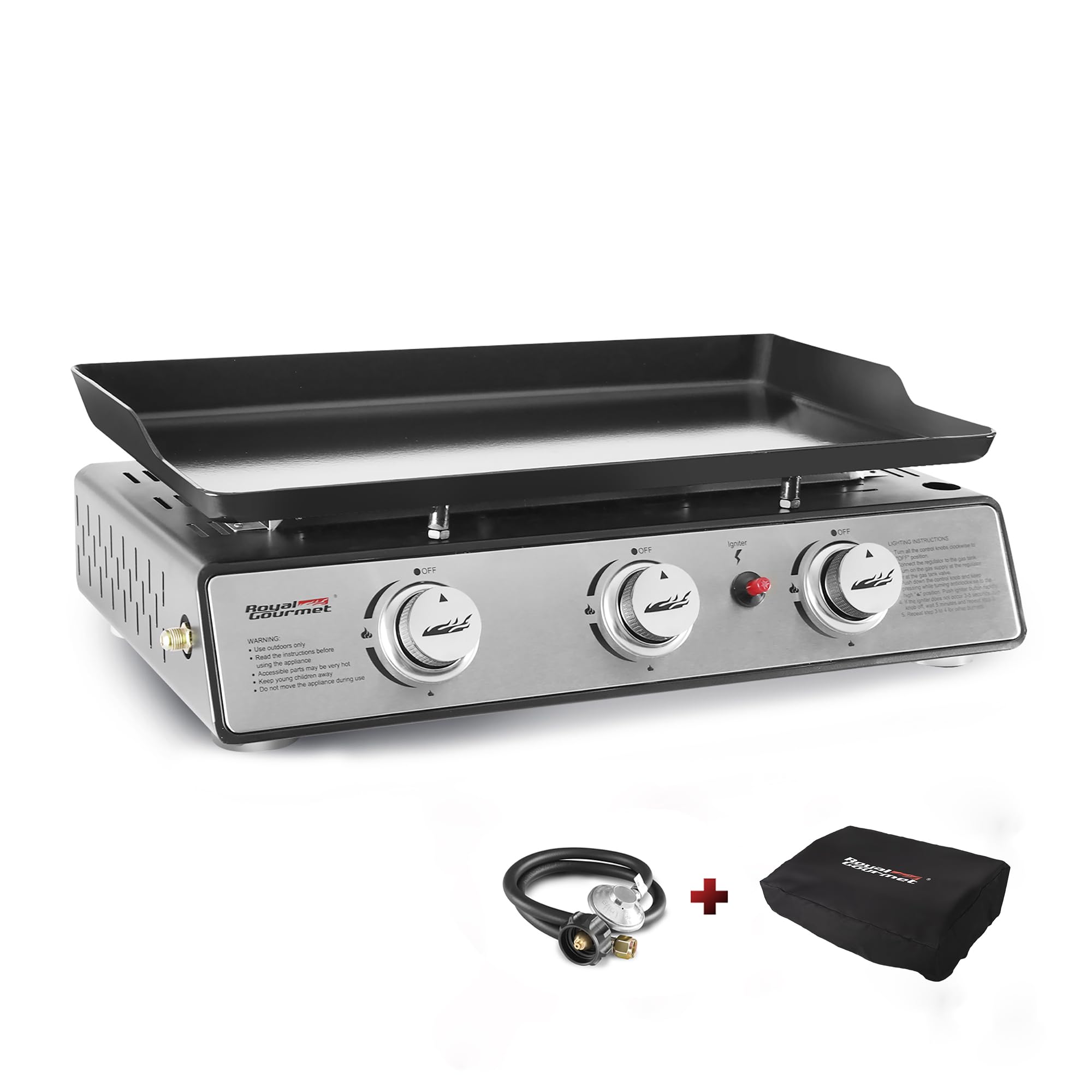 Royal Gourmet PD1301S 24-Inch Portable 3-Burner Gas Grill Griddle with Cover - 25,500 BTU Outdoor Cooking for Camping, Tailgating, Backyard BBQs & Picnics - Black