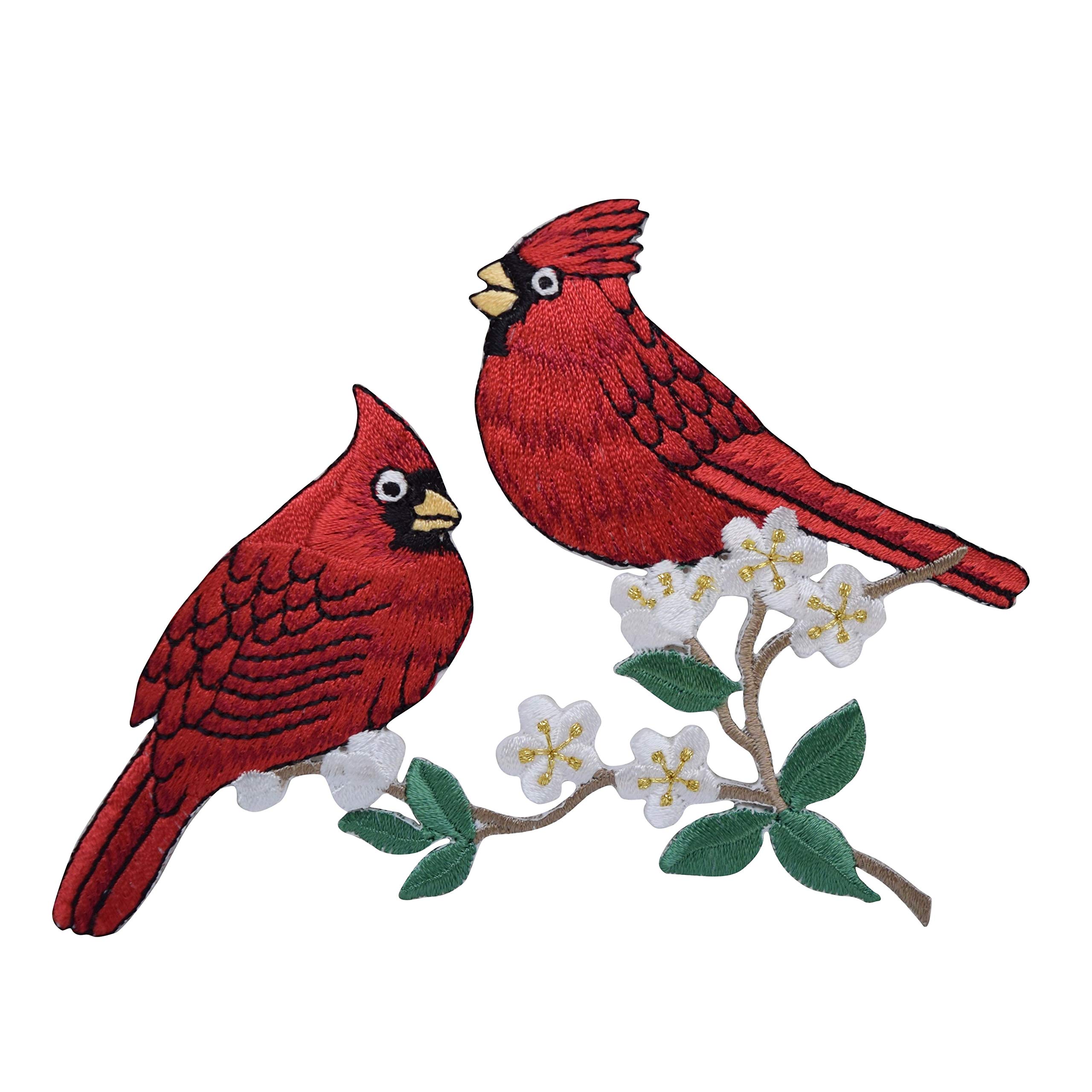 Two Cardinals on Tree Branch with Blossoms Embroidered Iron-On Patch - Cardinal Bird Applique for DIY Crafts, Jackets, Hats & Bags