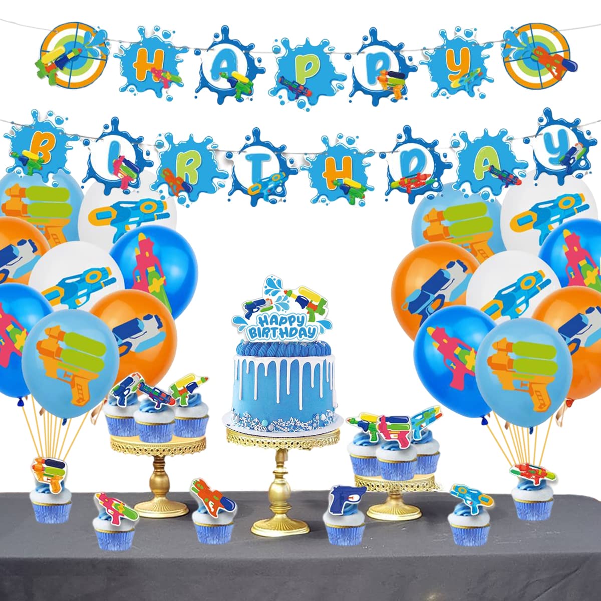 Water Gun Party Supplies Set - Includes 1 Banner, 1 Cake Topper, 16 Balloons & 24 Cupcake Toppers - Perfect for Pool Parties, Summer Birthdays & Outdoor Water Play Celebrations