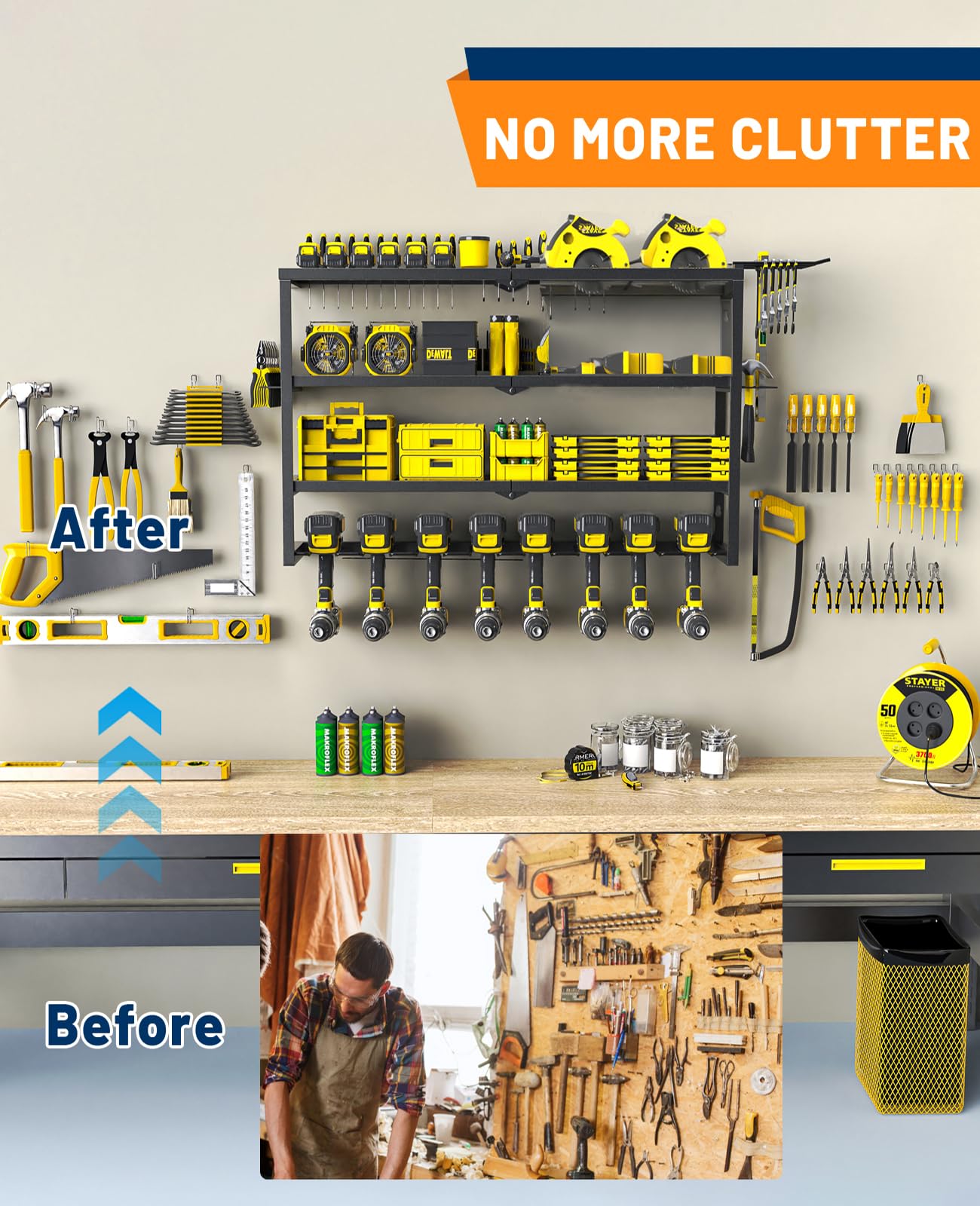 Wall Mount Power Tool Organizer with 4 Tiers & 8 Drill Holders - Heavy Duty Garage Tool Storage Rack for Drills, Wrenches & Screwdrivers - Perfect Workshop Organization & DIY Gift for Men, Husband, Father - Ideal for Garage, Shed & Home Improvement Projects