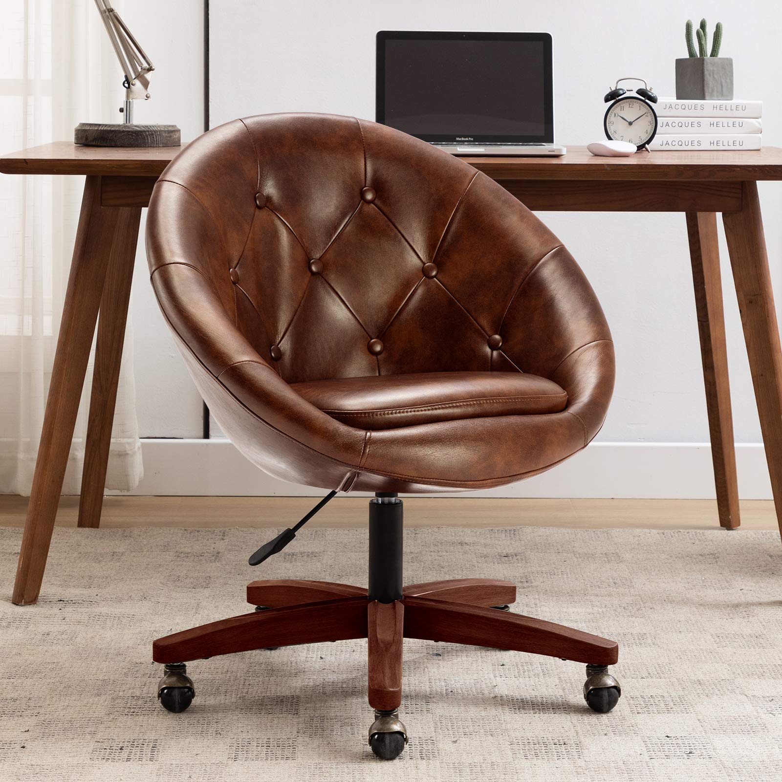 Premium PU Leather Office Chair - Ergonomic Adjustable Swivel Desk Chair with Tufted Round Back in Yellowish-Brown - Perfect for Home Office, Study & Workspace