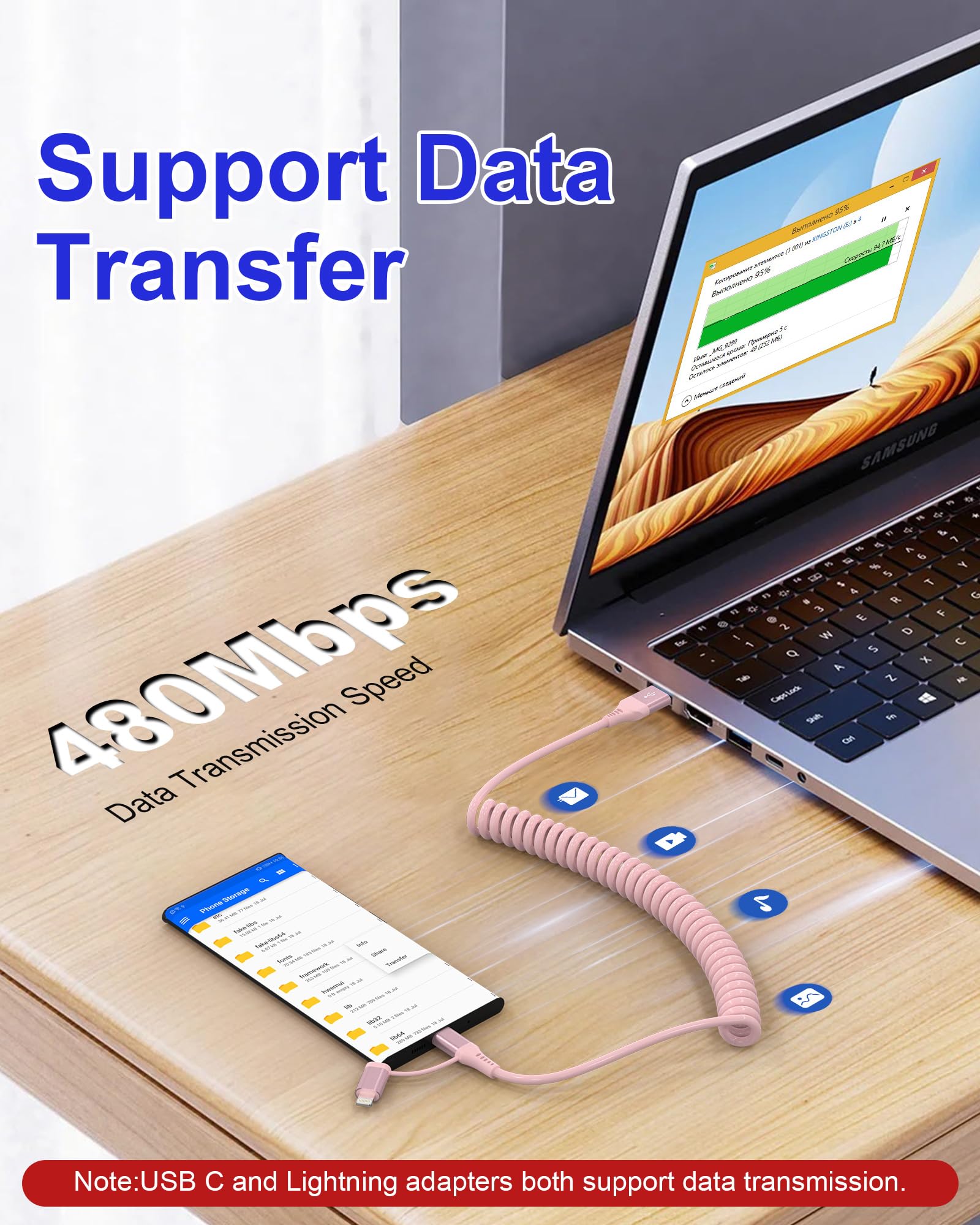 2-in-1 USB to Lightning & USB C Coiled Charging Cable - Pink iPhone & Android Fast Charger with Data Sync (Supports Apple CarPlay & Android Auto) - Perfect for iPhone 16/15/14/13/12/11 & Android Devices in Car, Home & Office Use