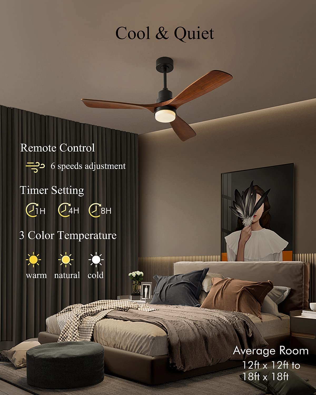 KEYRIFI 52 Inch Modern Ceiling Fan with LED Light, 3 Blades Wooden Reversible DC Motor, Remote Control - Ultra Quiet for Bedroom, Living Room, Office, Patio & Outdoor Use