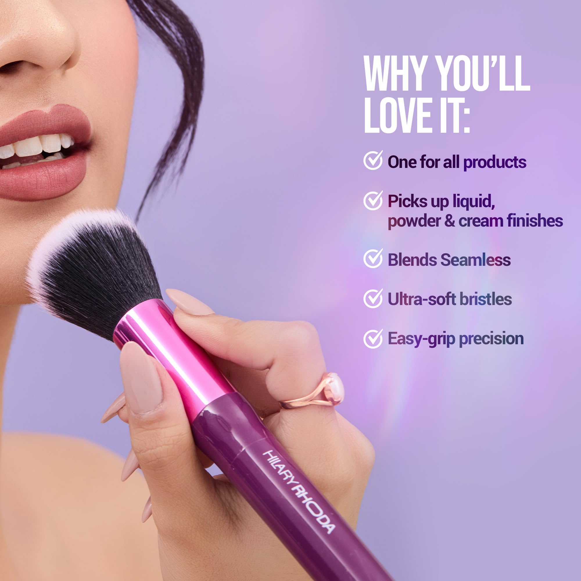 Hilary Rhoda One Touch Makeup Brush - Soft Bristle Foundation Brush for Cream, Liquid & Powder | Blush Applicator | Non-Absorbing Professional Cosmetic Brush for Flawless Makeup Application