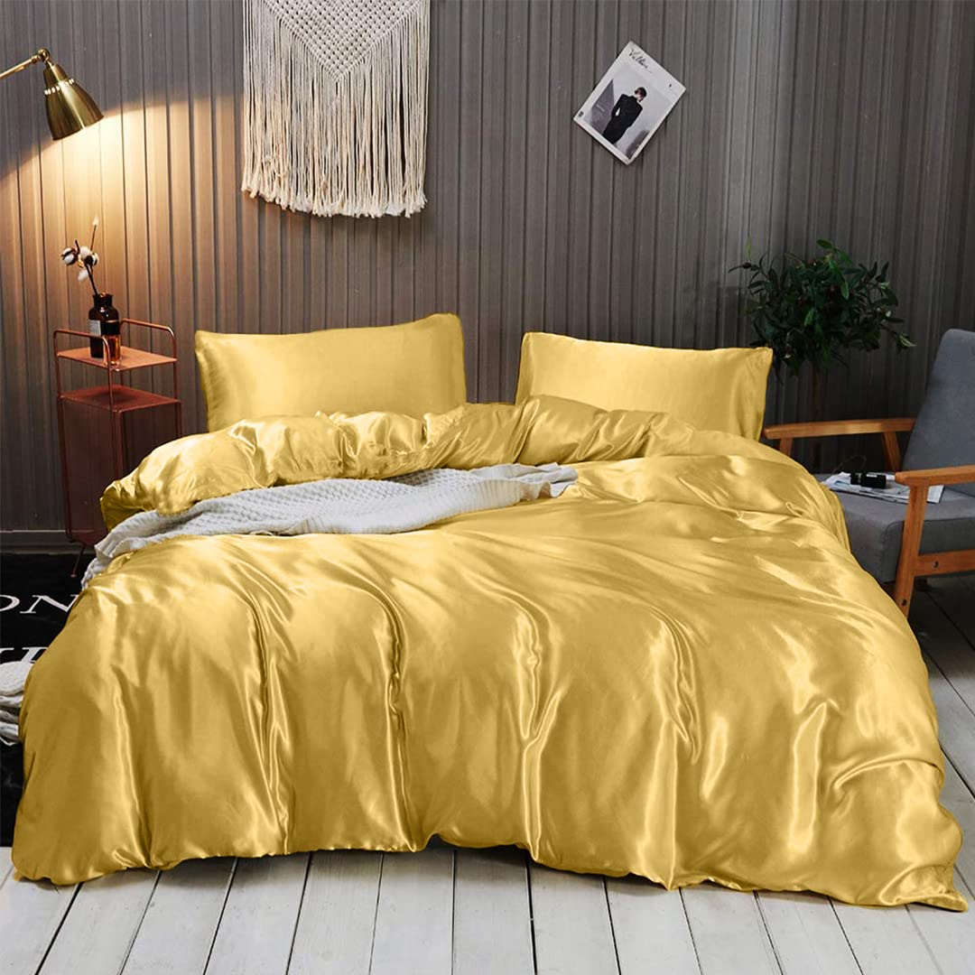 Luxury 7-Piece Silk Satin Sheet Set for California Queen Bed - Breathable Cooling Bedding with Deep Pockets - Wrinkle-Free Hotel Quality Duvet Cover & Pillowcases - Perfect for Hot Sleepers & Upscale Bedroom Decor (Gold)