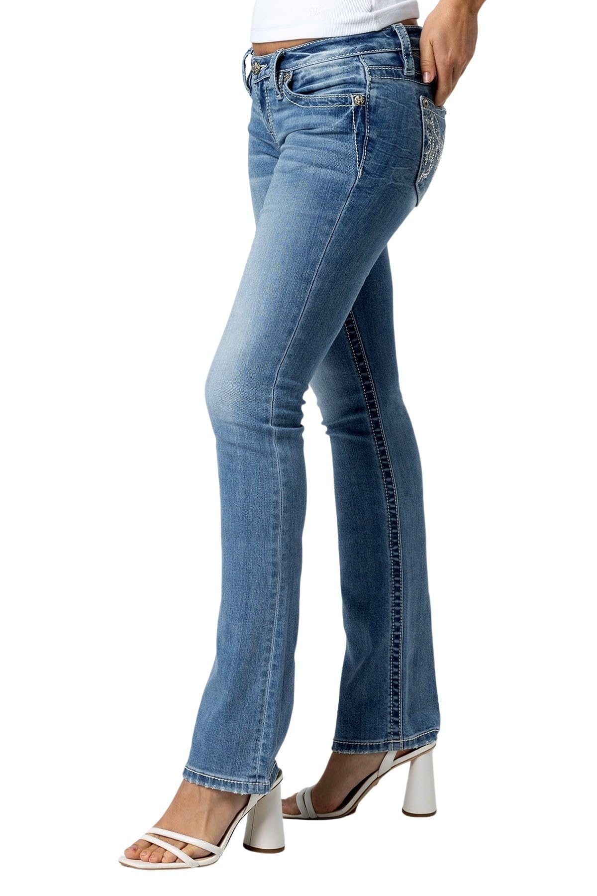 Miss Me Women's Butterfly Stitch Low-Rise Slim Bootcut Jeans - Stylish & Comfortable Denim Pants for Casual Wear, Night Out & Everyday Fashion