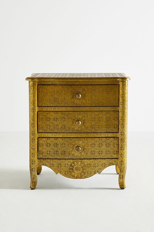 Hand Embossed Nightstand with 3 Drawers - Golden Metal Lamp Stand for Bedroom, Living Room & Office | Vintage Style Bedside Table with Storage Space