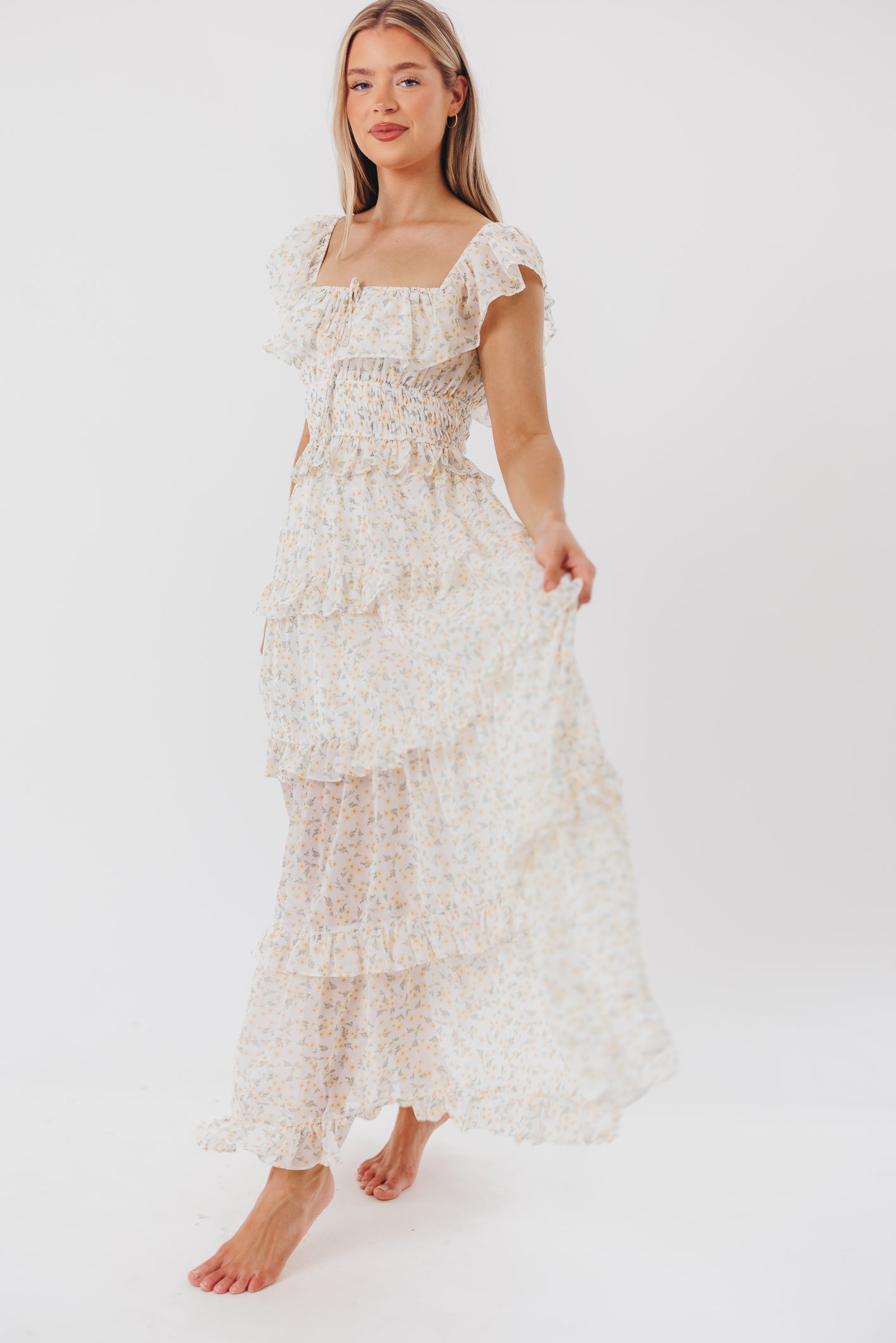 Astrid Ruffle Detail Maxi Dress - Yellow Floral Maternity Dress for Pregnancy | Bump Friendly, Comfortable & Stylish for Baby Showers, Maternity Photos & Summer Occasions