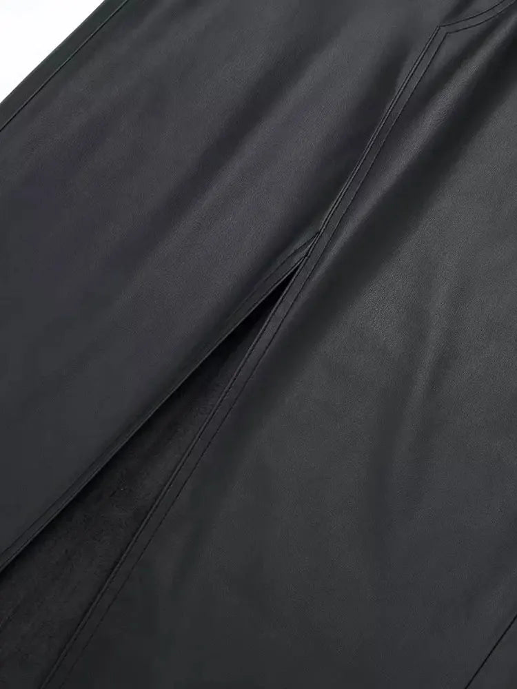 Stylish Faux Leather Midi Skirt for Women - High Waist Zipper Fly Design with Side Pockets | Perfect for Fall Fashion, Office Wear & Night Out Outfits