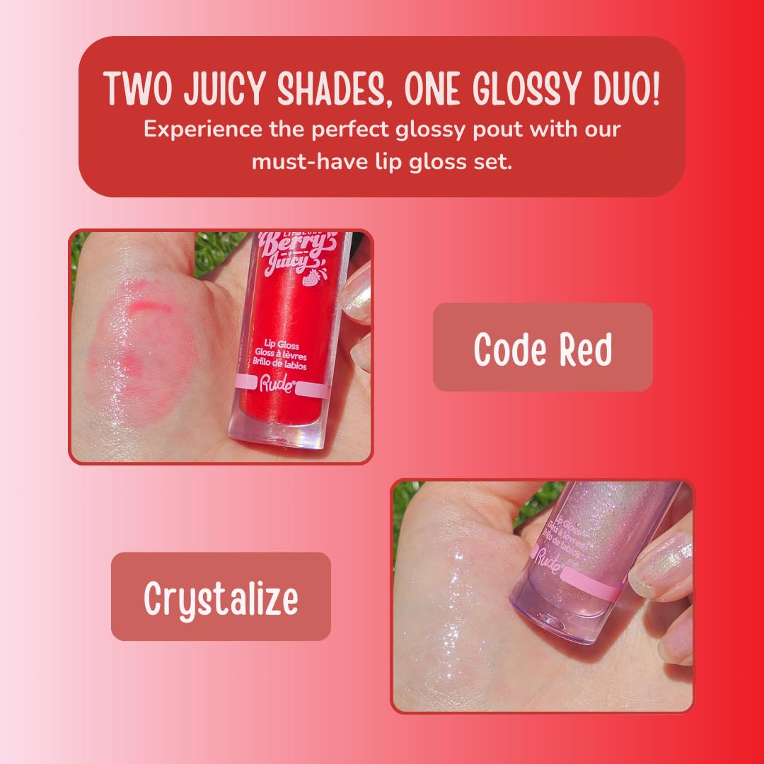 RUDE Cosmetics Berry Juicy Lip Gloss Set - High Shine Moisturizing Lipgloss for Day & Night Makeup