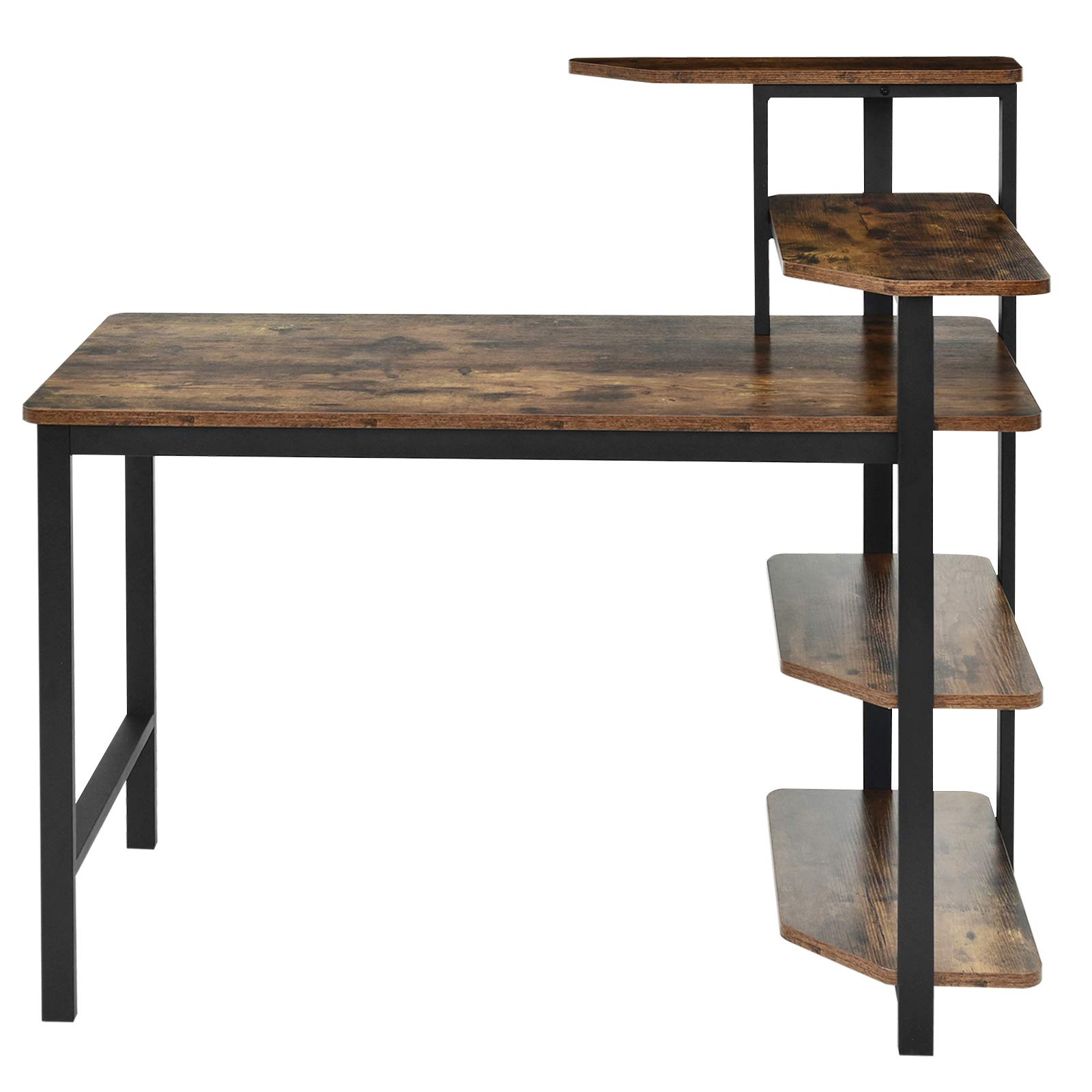 Tangkula 48 Inch Industrial Computer Desk with 4-Tier Storage Shelves - Sturdy Wooden Writing Study Table with Bookshelf, Spacious Work Surface & Metal Frame - Perfect for Home Office, Gaming Setup, and Remote Workstation