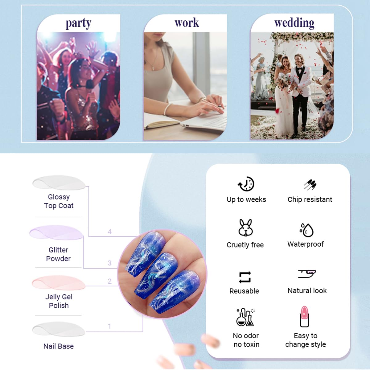Glow in The Dark Press On Nails - Medium Length Blue Jellyfish Design Gel Fake Nails with 12 Sizes (24 Pcs) | Perfect for Parties, Halloween, Raves & Night Events