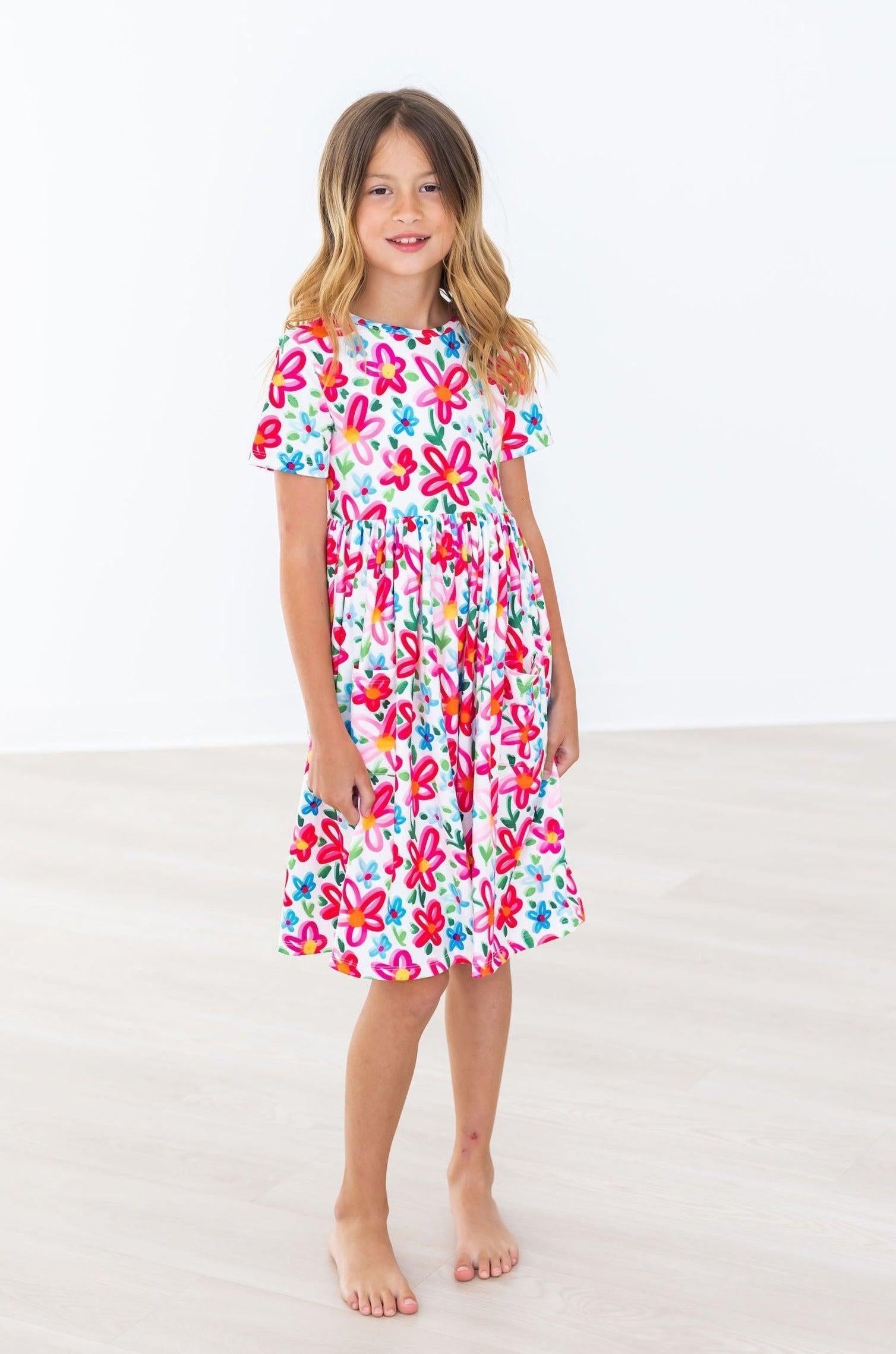 Neon Floral Short Sleeve Pocket Twirl Dress for Women - Perfect for Summer Parties, Beach Vacations & Casual Outings