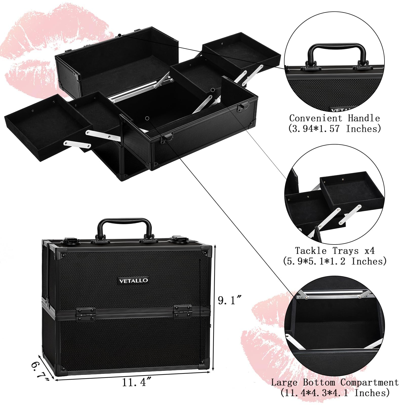 VETALLO Large Travel Makeup Case Organizer - Portable Cosmetic Train Case with Mirror | Professional Makeup Storage Box | Perfect Birthday Gift for Women & Bestie (Black) | Ideal for Travel, Salon Professionals & Home Organization