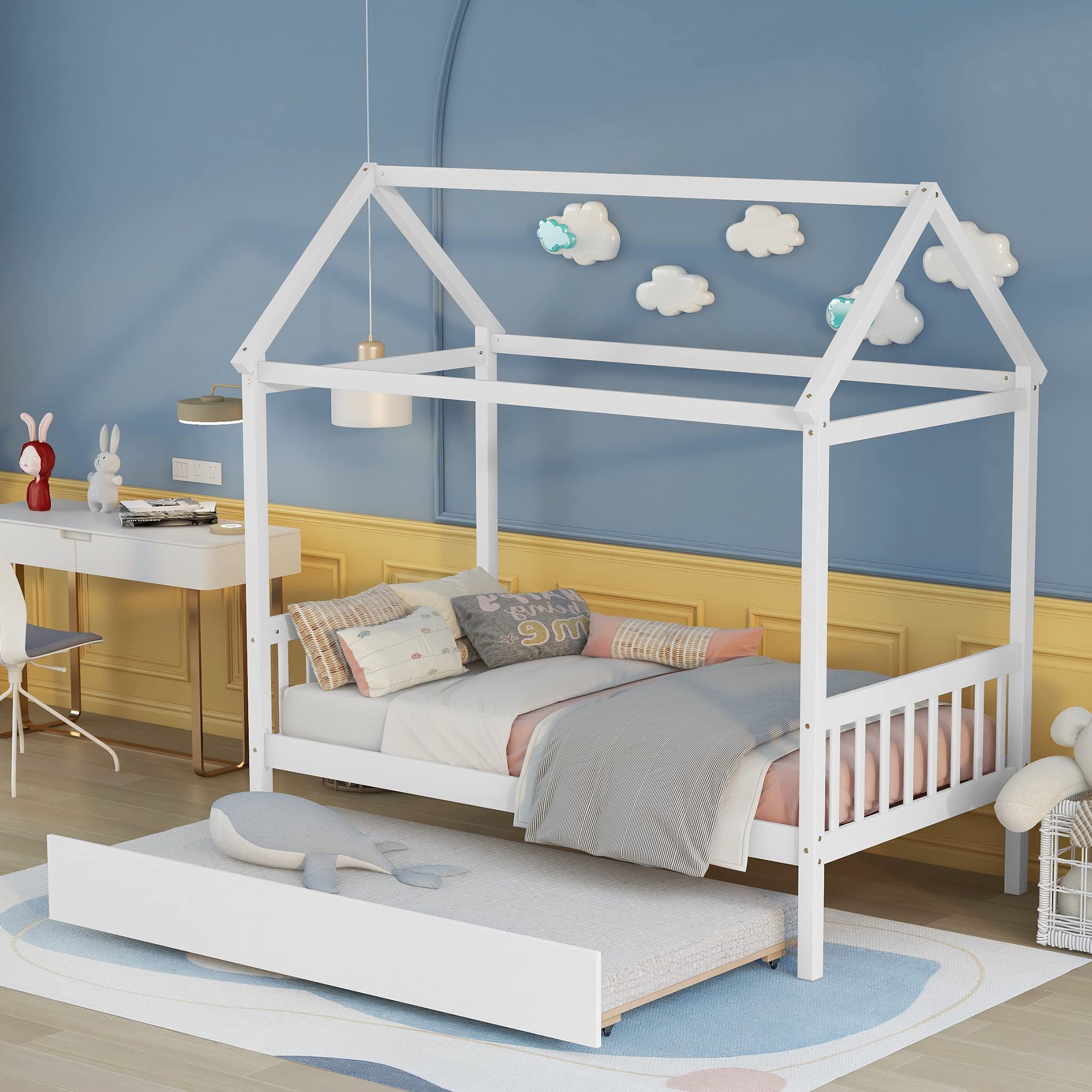 Bellemave Twin Size House Bed with Trundle - Wooden Platform Bed Frame for Kids, Girls & Boys - No Box Spring Needed - White - Perfect for Kids' Bedrooms, Playrooms & Nursery Decor