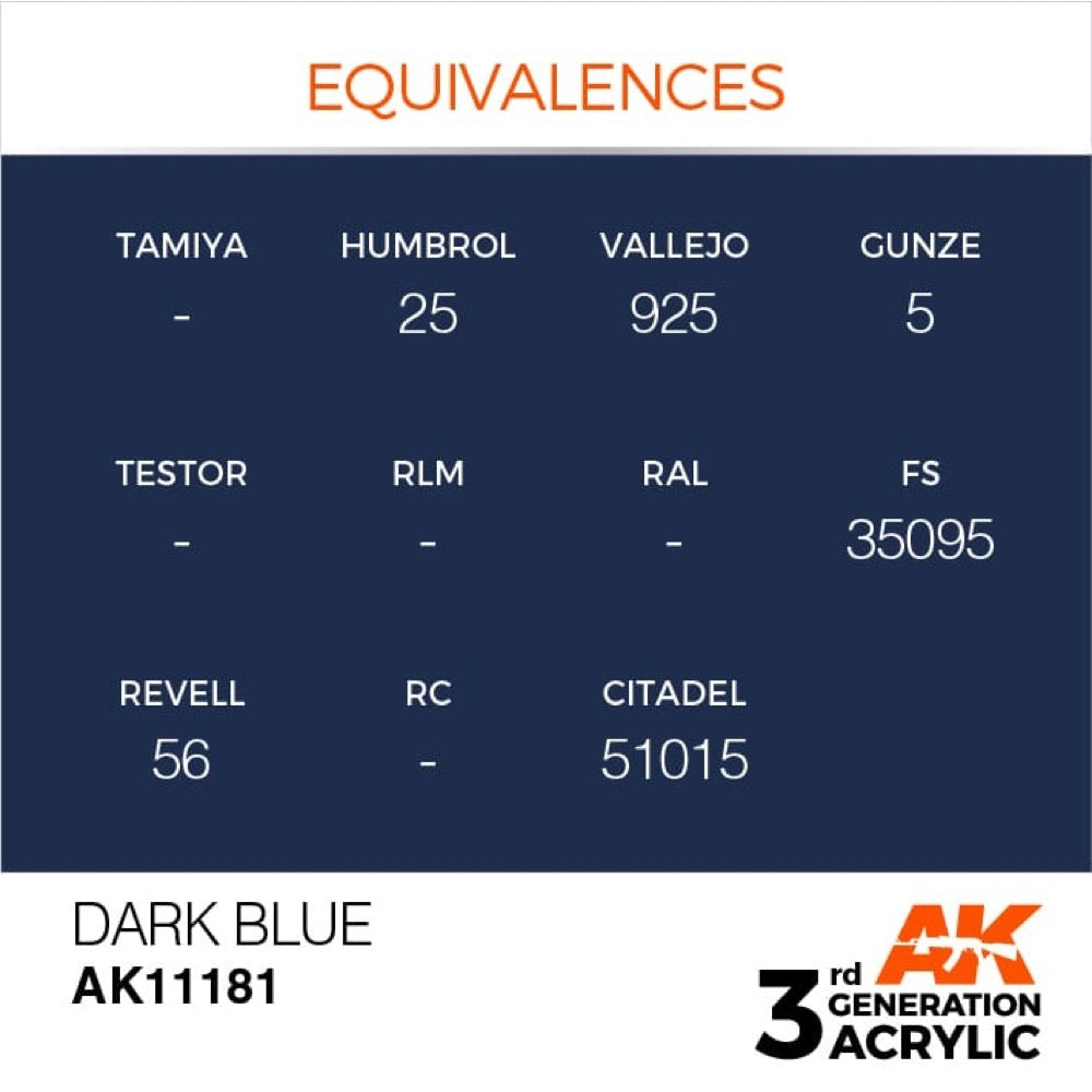 AK Interactive AK11181 Dark Blue Acrylic Paint - 17ml Bottle (3rd Gen) for Model Kits, Miniatures & DIY Crafts - Premium Hobby Paint for Airbrush & Hand Painting