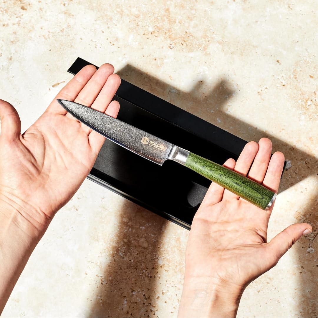 HexClad 5-Inch Japanese Damascus Stainless Steel Utility Knife with Pakkawood Handle - Perfect for Kitchen, Camping & Outdoor Cooking