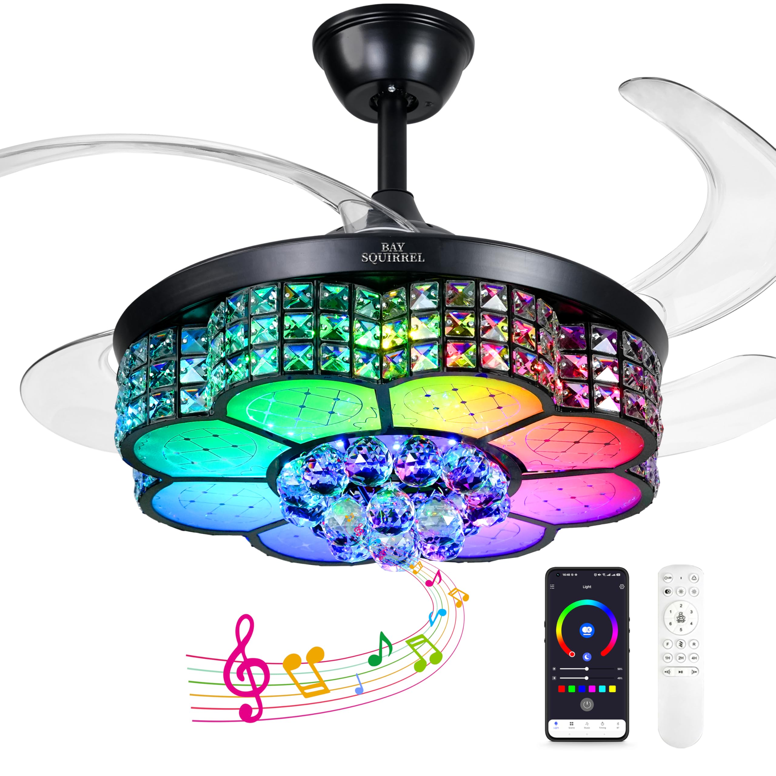 BAYSQUIRREL Retractable Crystal Ceiling Fan with Light - Bluetooth Smart Ceiling Fan with Speaker, Remote & App Control, 6 Speed Reversible Blades, RGB LED Dimmable Chandelier - Perfect for Living Room, Bedroom, and Dining Room