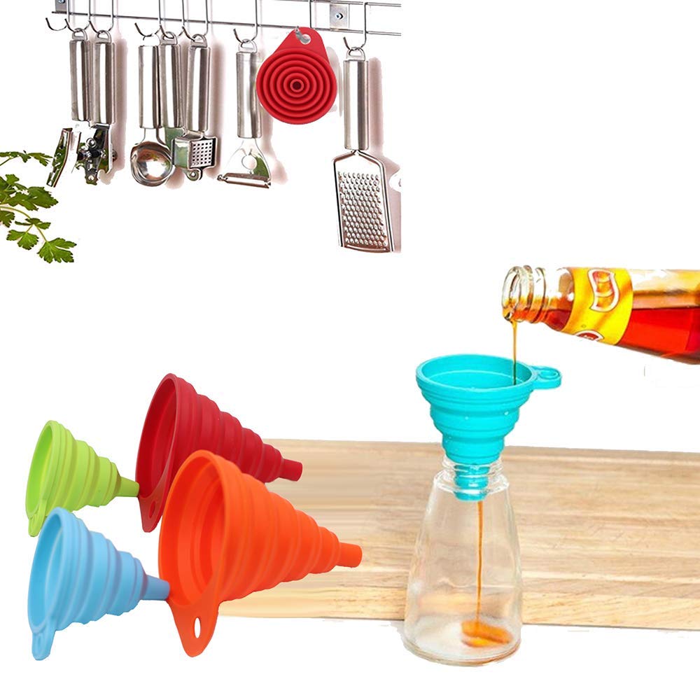 KongNai 4-Piece Silicone Collapsible Kitchen Funnel Set - Small & Large Food Grade Funnels for Liquid Transfer, Bottle Filling & Cooking - Perfect for Baking, Canning, Oil Pouring & DIY Projects