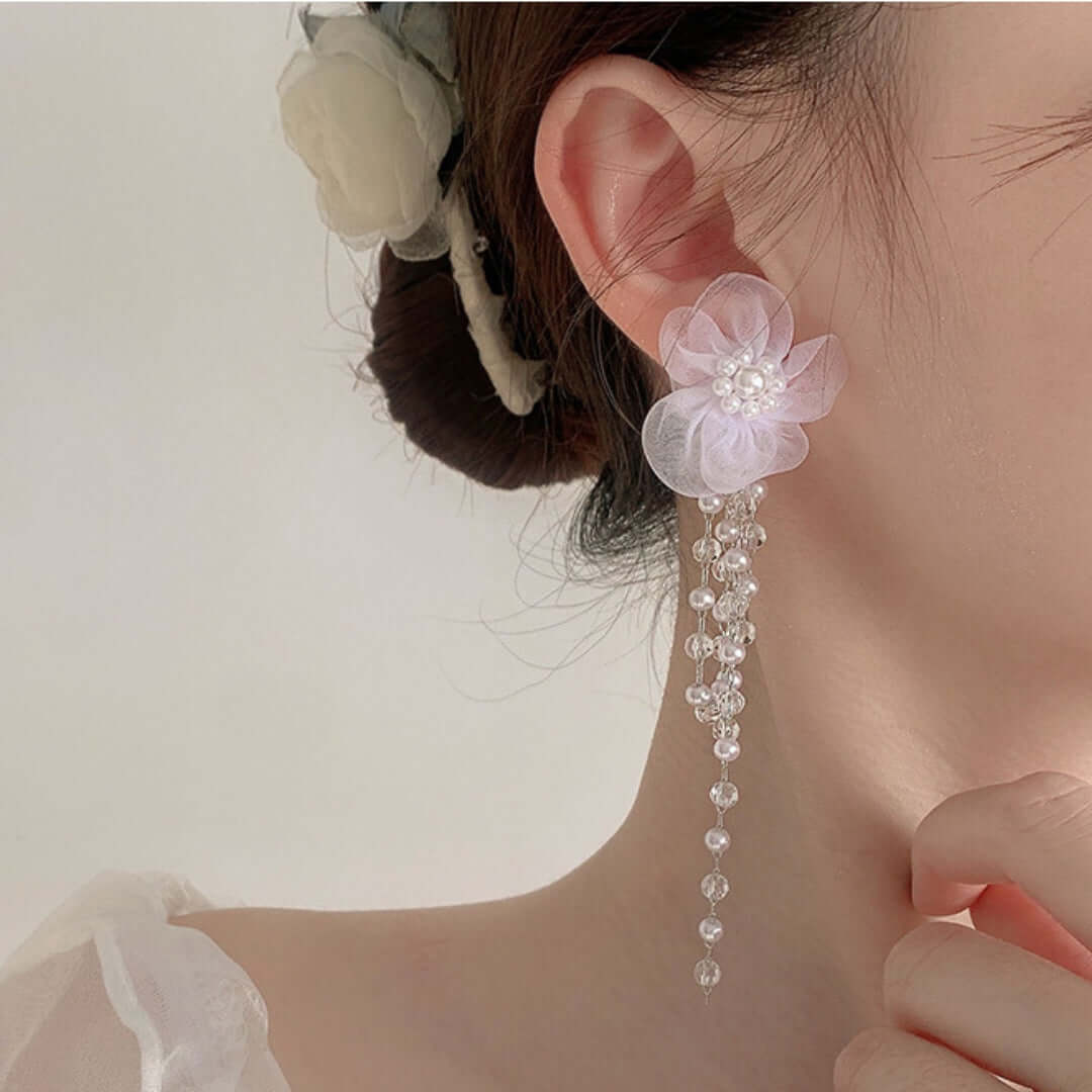 Ivory Pearl Drop Wedding Earrings with Lace Flower Design - Elegant Bridal Jewelry for Weddings, Prom & Formal Events | FM2003