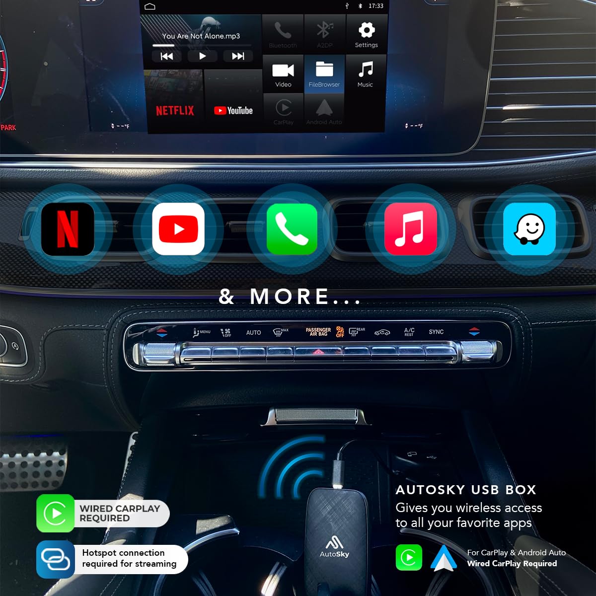 AutoSky Wireless CarPlay & Android Auto AI Box Lite - Convert Wired to Wireless CarPlay/Android Auto for Factory Wired Cars | Supports Netflix, YouTube Streaming via Hotspot | Perfect for Commuting, Road Trips & In-Car Entertainment