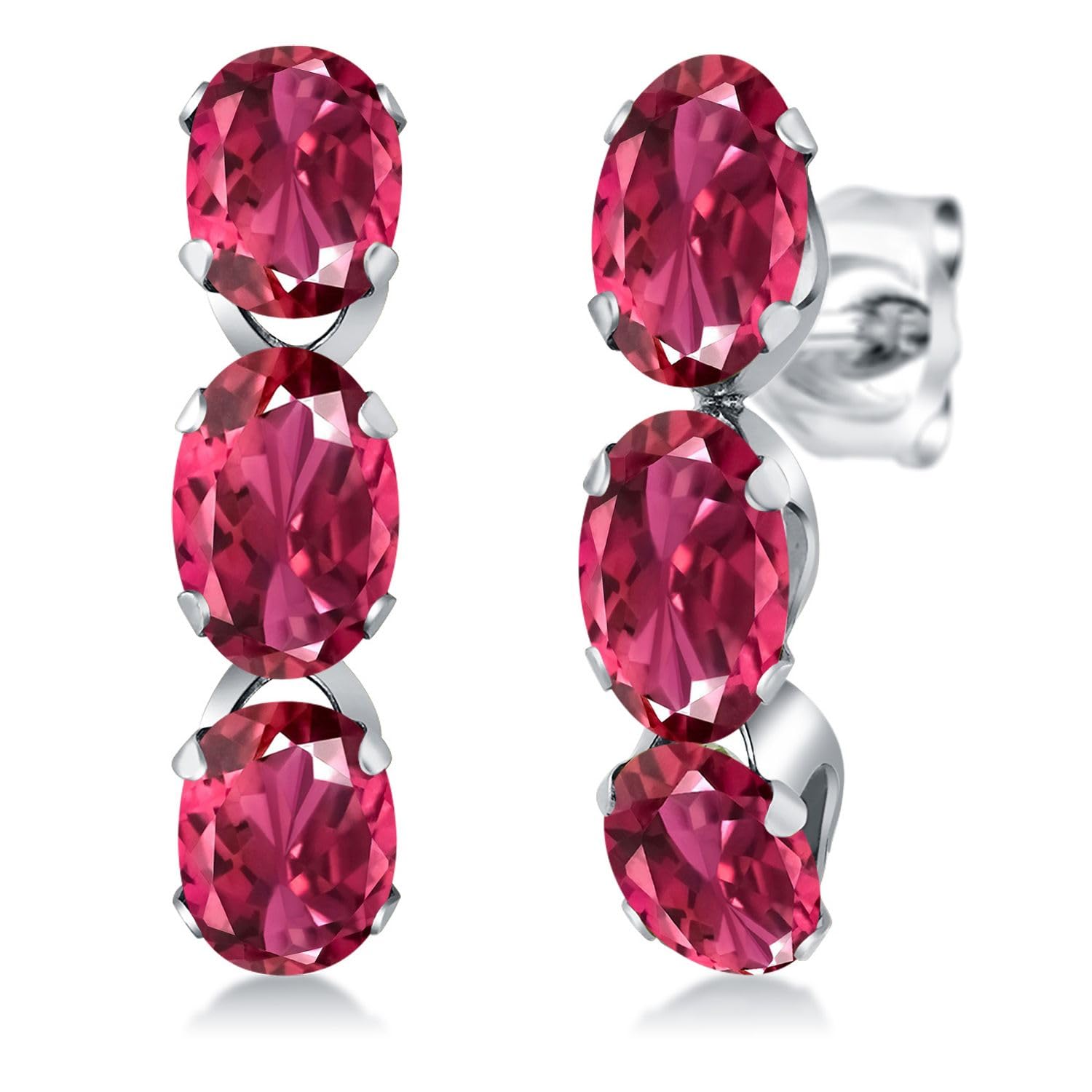 Gem Stone King 6x4mm Oval Birthstone Dangle Earrings for Women - 925 Sterling Silver 3 Stone Fine Jewelry Gift for Mom, Wife, Her | Perfect for Birthdays, Anniversaries, Mother's Day & Special Occasions