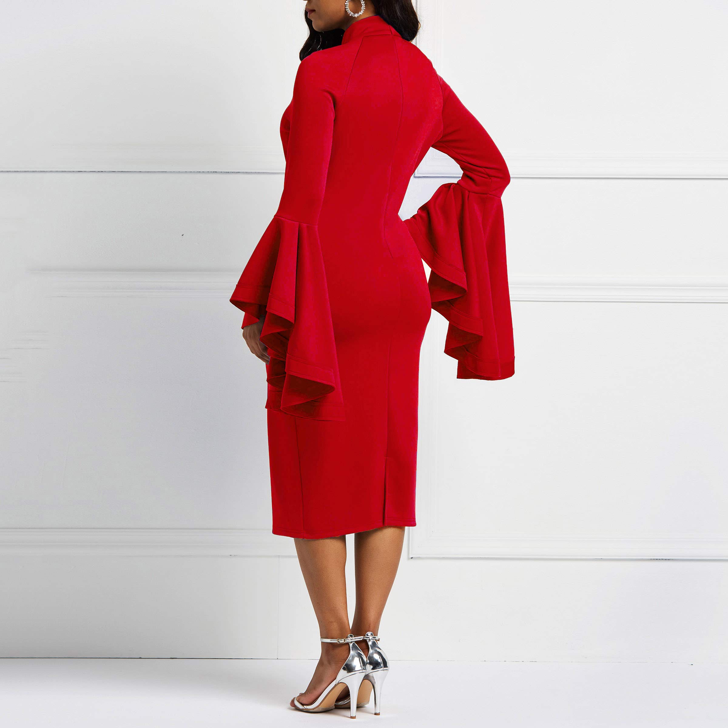 VERWIN Women's Flare Long Sleeve Bodycon Dress with Falbala Ruffle - Elegant Sheath Party Dress for Cocktail, Evening Events & Special Occasions