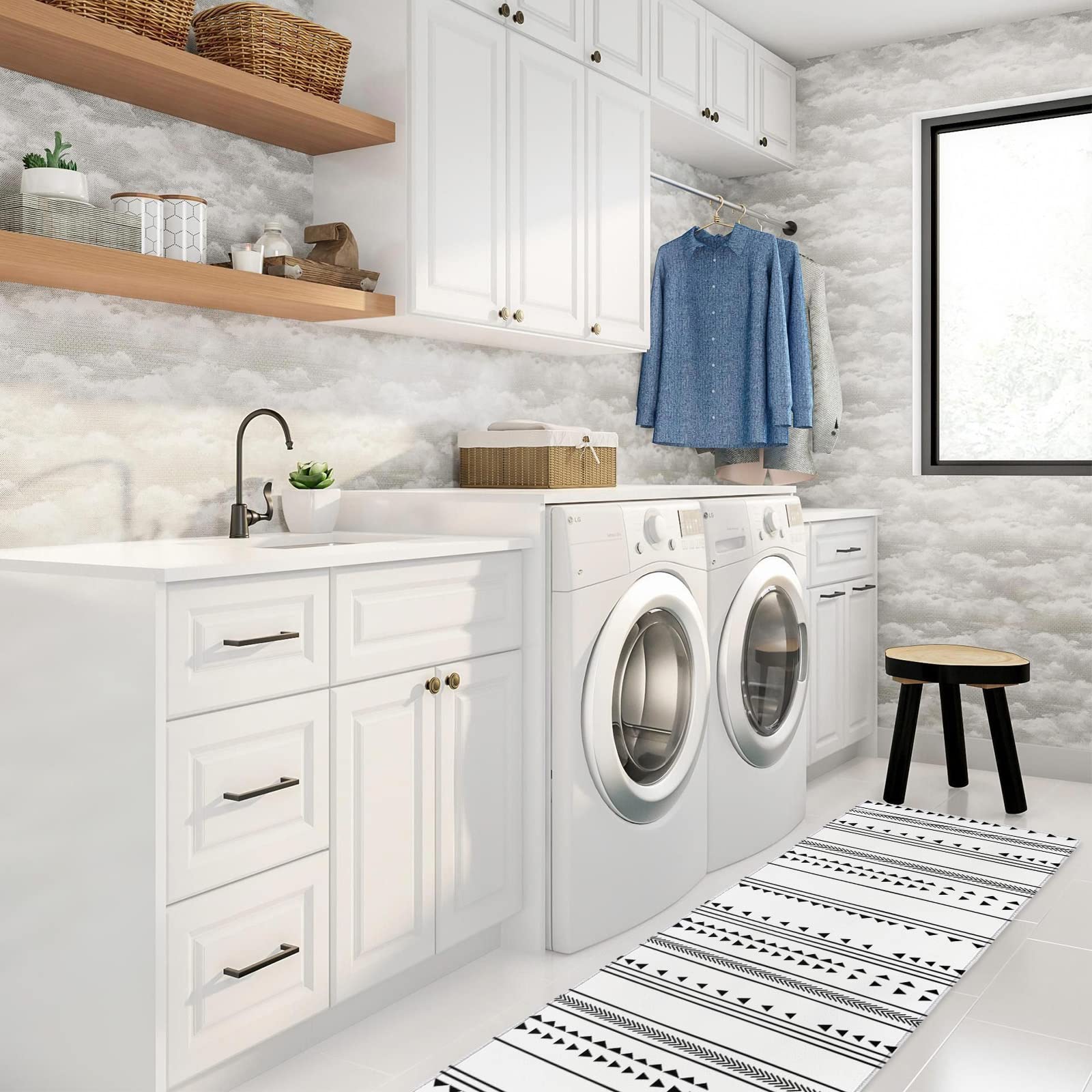 Non-Slip Geometric Boho Kitchen Runner Rug - Black & White Abstract Art Indoor Floor Mat for Hallways, Entryways & Laundry Rooms | Perfect for High-Traffic Areas & Spill-Prone Spaces