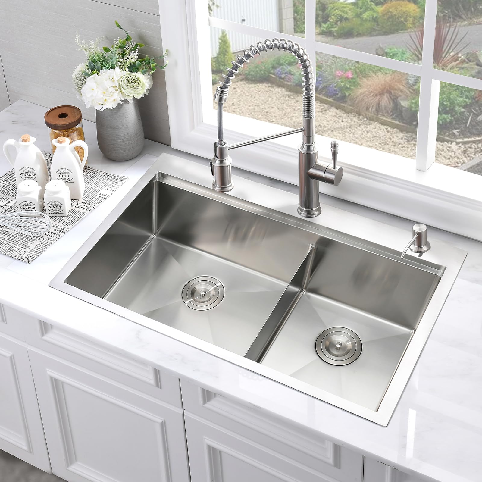 33x22 Inch Drop-In Double Bowl Kitchen Sink Workstation - 16 Gauge Stainless Steel with 60/40 Low Divider & Cutting Board - Perfect for Meal Prep, Washing Dishes, and Modern Kitchen Renovations