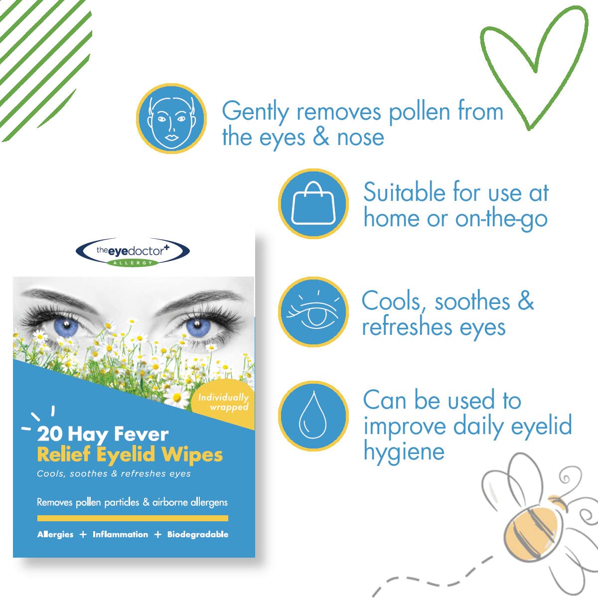 Reusable Cold Eye Compress & 20 Disposable Eye Wipes for Allergy Relief - Soothe Itchy, Watery Eyes, Headaches & Migraines - Cooling Therapy for Hay Fever & Eye Inflammation - Perfect for Home, Office & Travel Use