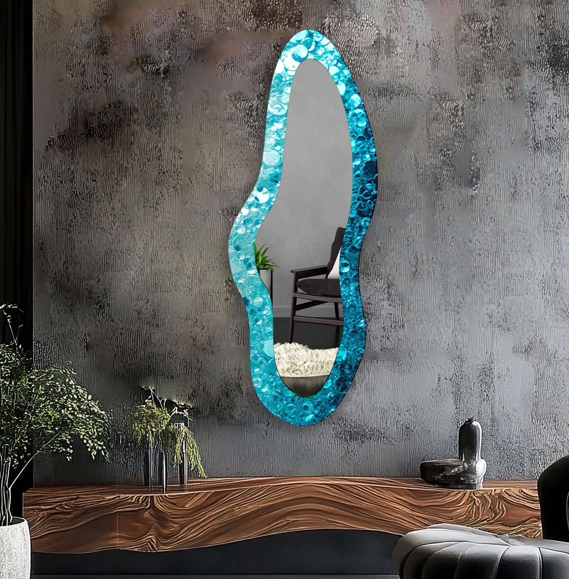 Blue Irregular Shaped Glass Wall Mirror - Unique Decorative Mirror for Living Room, Bedroom & Bathroom - Modern Home Decor