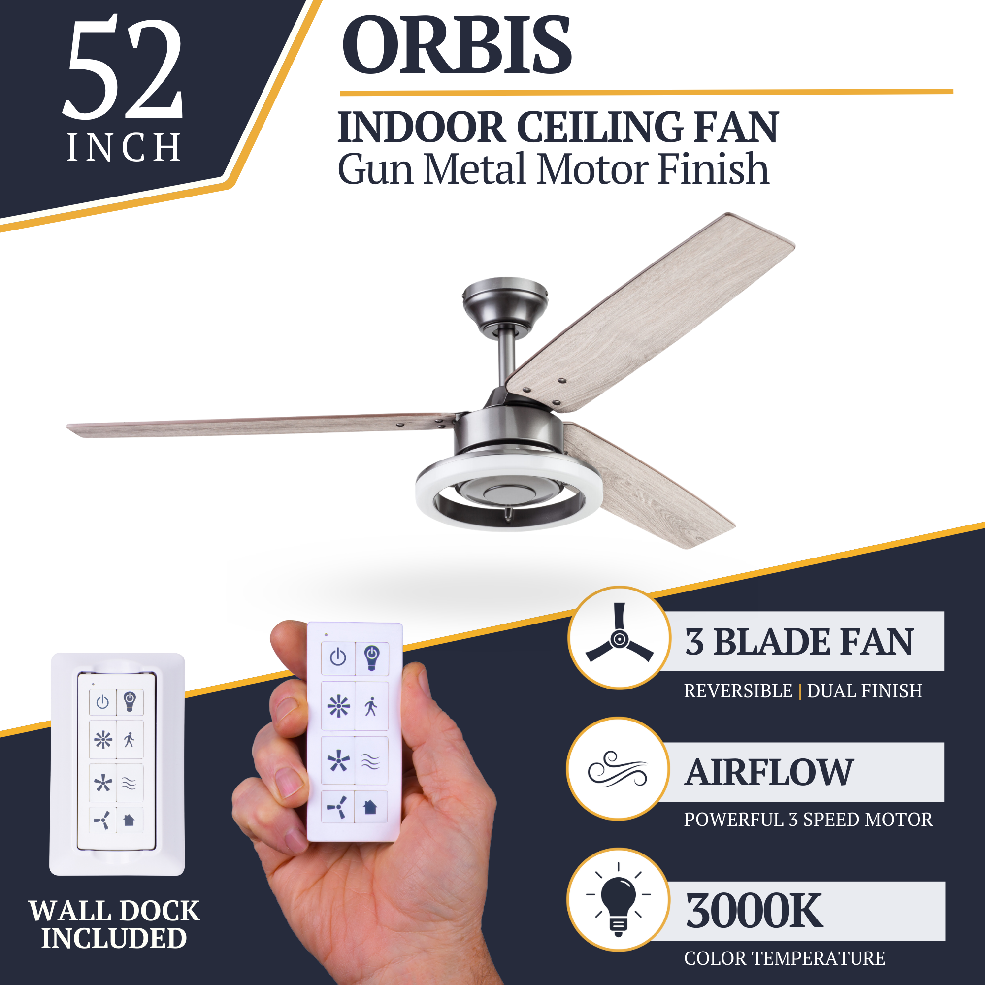 52 Inch Orbis Ceiling Fan with Remote Control in Gun Metal Finish - Perfect for Living Room, Bedroom, and Outdoor Spaces