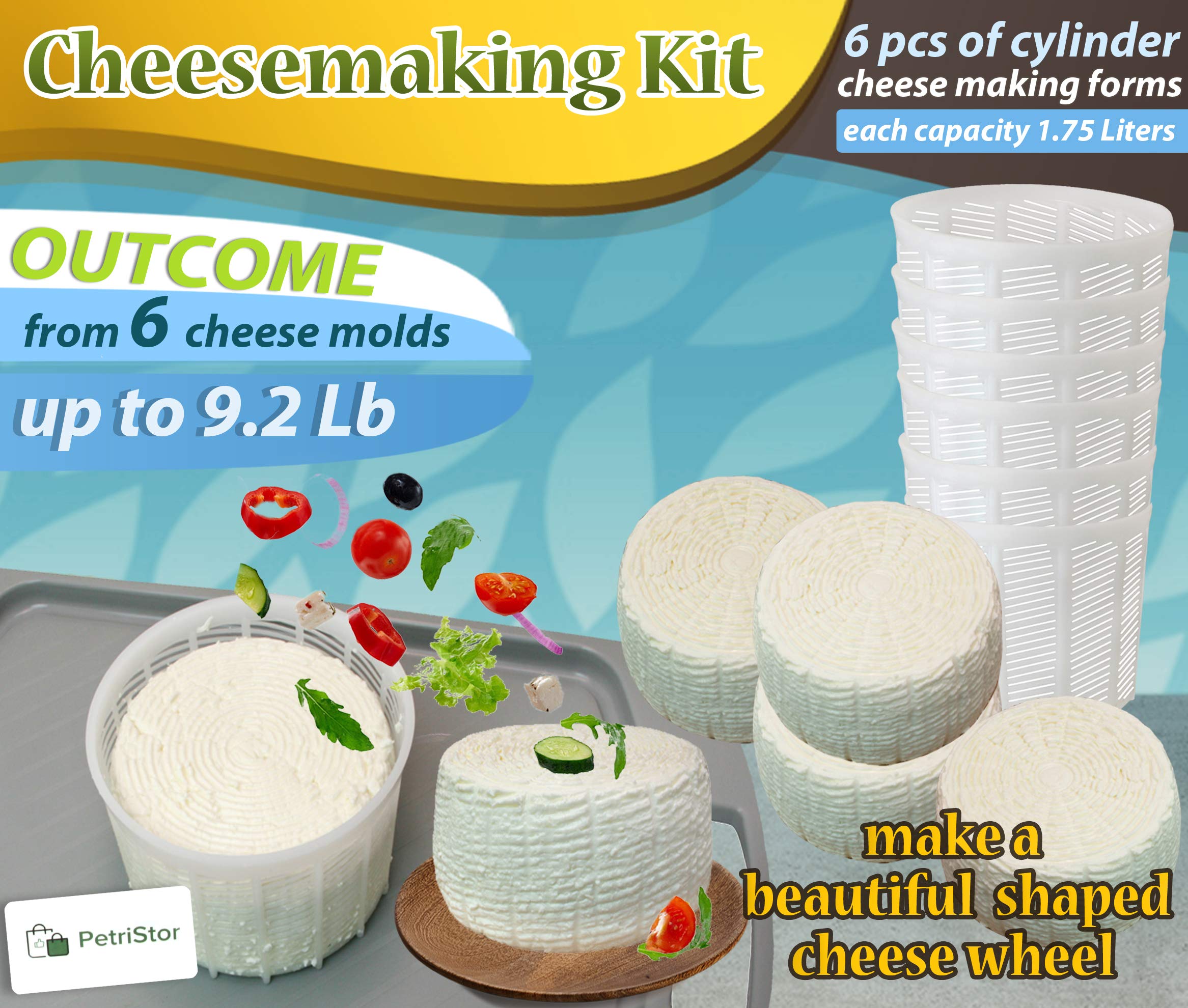 PetriStor 6-Piece Soft Cheese Mold Set for Homemade Cheese Making - 1.85QT Cream Cheese & Feta Mold - Stainless Steel Cheese Form Basket - DIY Cheese Making Supplies for Fresh Cheese, Mozzarella & Ricotta - Perfect for Home Cheesemaking, Gifts & Culinary Classes