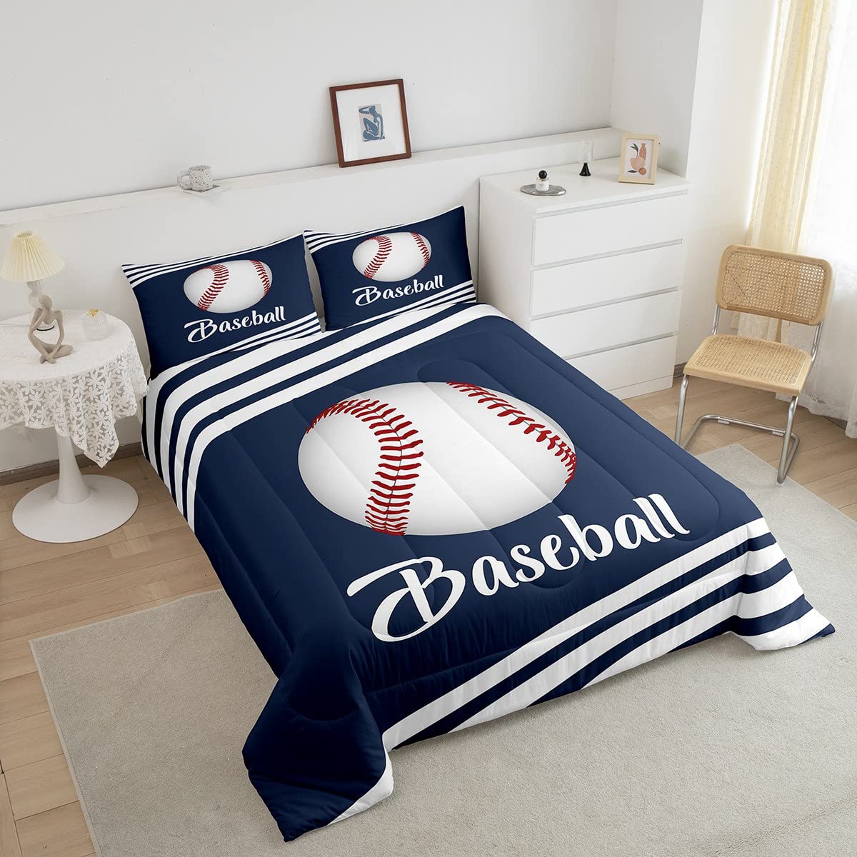 **Baseball Comforter Set Full Size for Boys - Navy Blue Sports Bedding with 2 Pillowcases - Kids Baseball Themed Quilt & Sheet Set - Perfect for Bedroom, Dorm, or Gift**