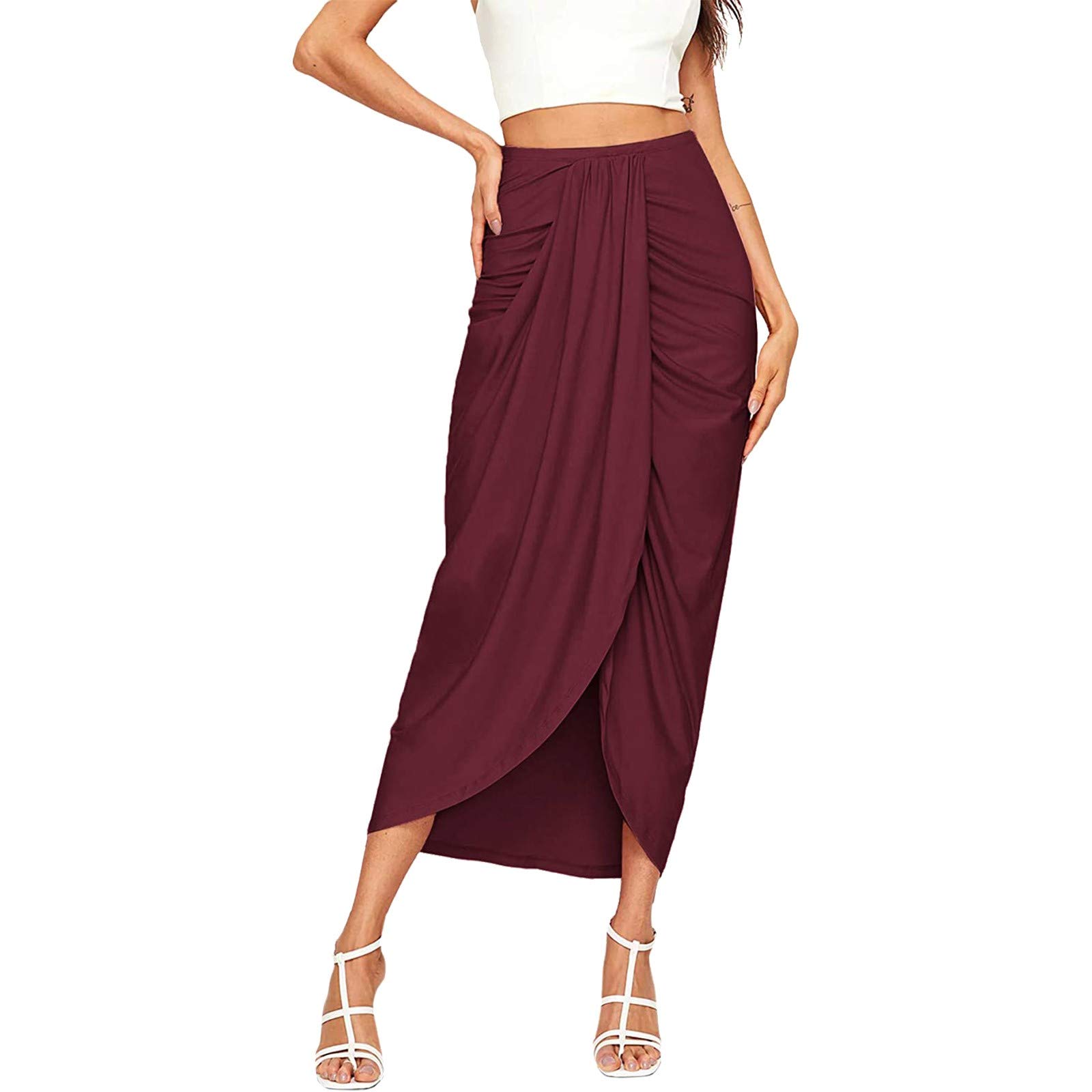 Women's Maxi Skirt - Draped Casual Wrap Waist Skirt with High Slit & Elastic Waistband - Asymmetrical Solid Wine Color for Summer, Beach, Party & Office Wear