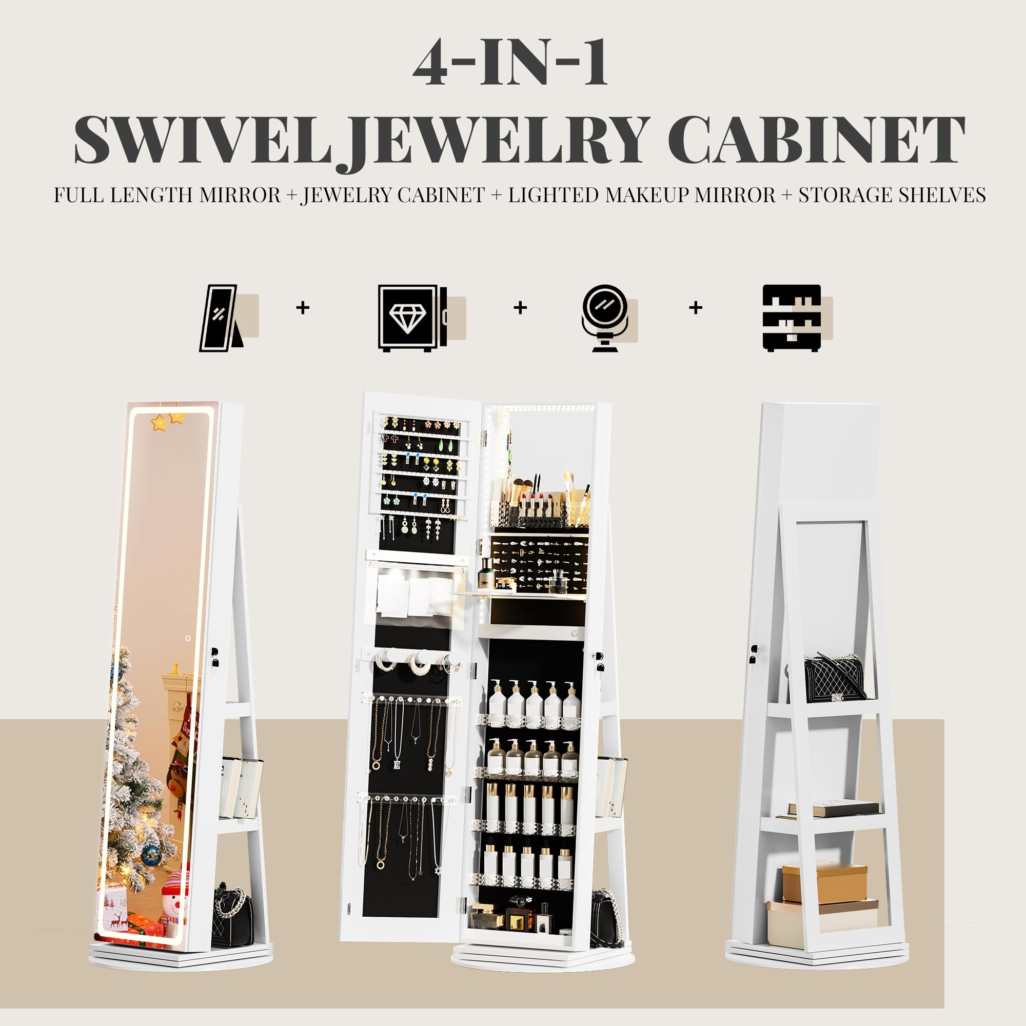 360° Swivel LED Mirror Jewelry Cabinet with Adjustable Lights - Full Length Standing Jewelry Armoire Organizer for Necklaces, Rings & Accessories - Perfect for Bedroom, Dressing Room & Closet Storage (White)