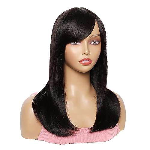 NATAGHAIR Human Hair Wigs for Women - Natural Black Long Layered Wig with Bangs | Real Human Hair Wig for White Women | Can Be Restyled to Curly | Perfect for Daily Wear, Cosplay & Special Occasions
