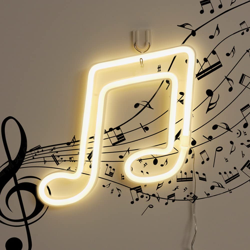 GUOCHENG Music Note LED Neon Sign - Battery & USB Powered Wall Hanging Light, Stave Shaped Night Lamp for Bedroom, Living Room, Bar, Party & Home Decor (Warm White) - Perfect for Music Lovers' Rooms, Themed Parties & Cozy Ambiance