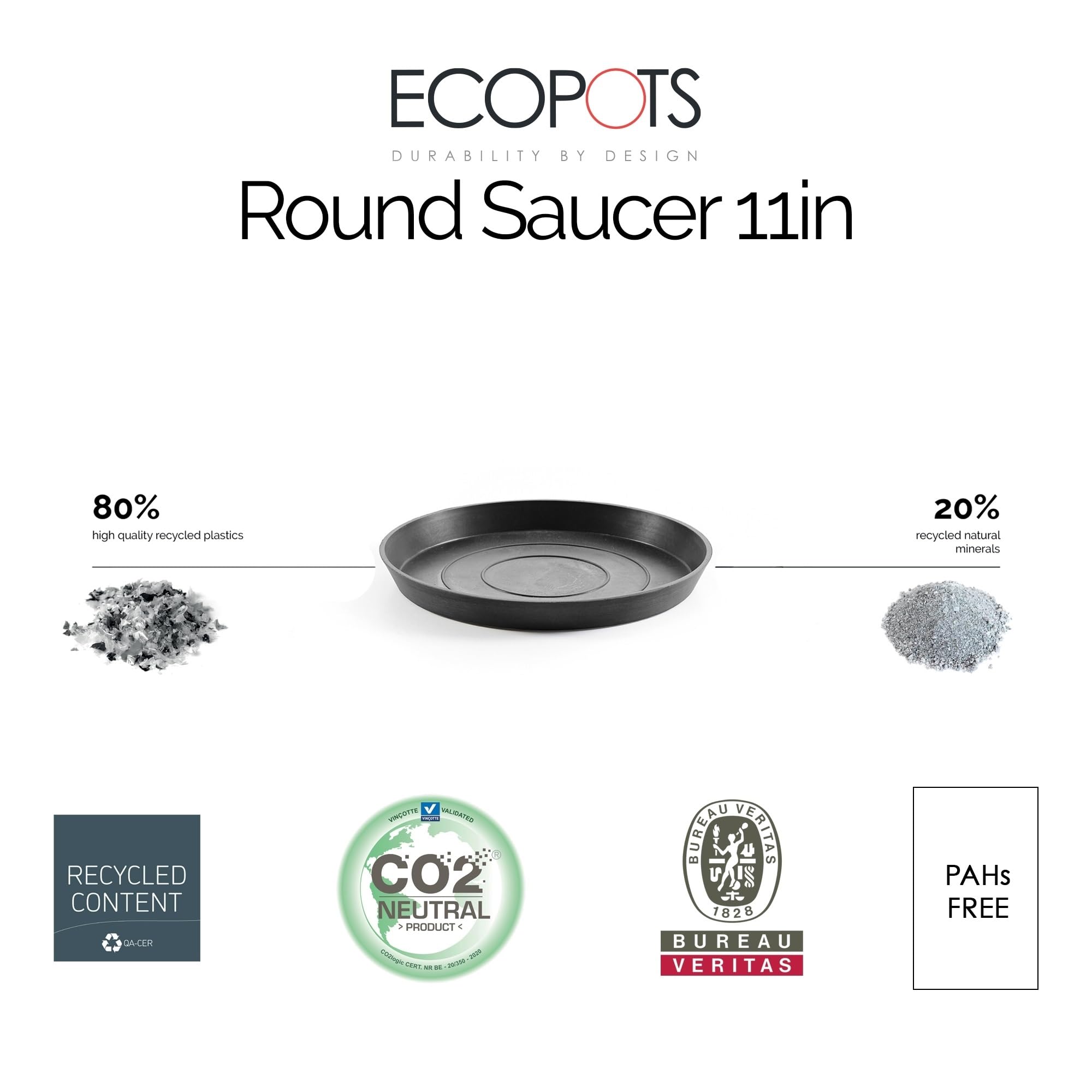 Eco-Friendly Round Recycled Plastic Planter with Saucer - Modern Indoor/Outdoor Flower Pot in Dark Grey (11 Inch) - Perfect for Patio, Garden, Balcony & Home Decor