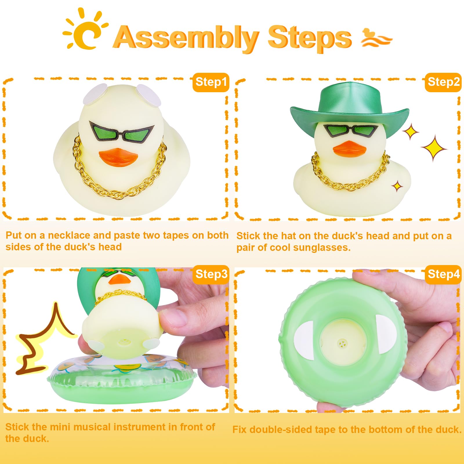 Vibrant Rubber Duck Car Dashboard Decorations - Expressive Mini Hat, Swim Ring, Necklace & Sunglasses - Fun Dashboard & Home Decor for Cars, Gifts, Parties & Office Spaces