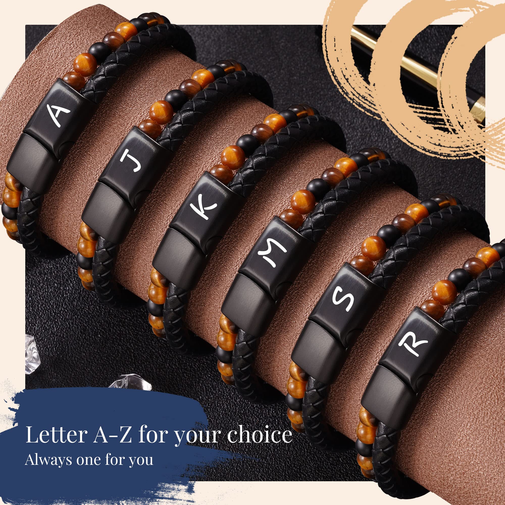 Personalized Leather Bracelet for Men - Custom Initial A-Z, Tiger Eye Beaded Bracelet - Anniversary, Birthday Gift for Him (Boyfriend, Husband, Dad, Son) - Perfect for Fathers Day, Valentines & Special Occasions - Stylish Layered Bracelet for Everyday Wear & Gifts